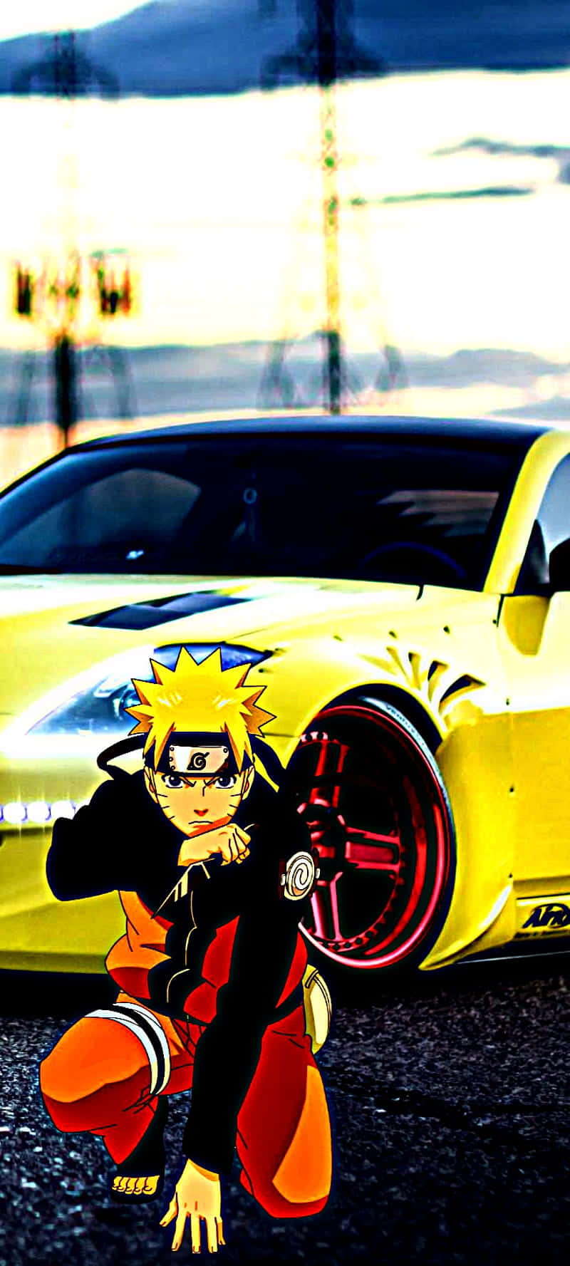A Yellow Car With A Naruto Character On It Background