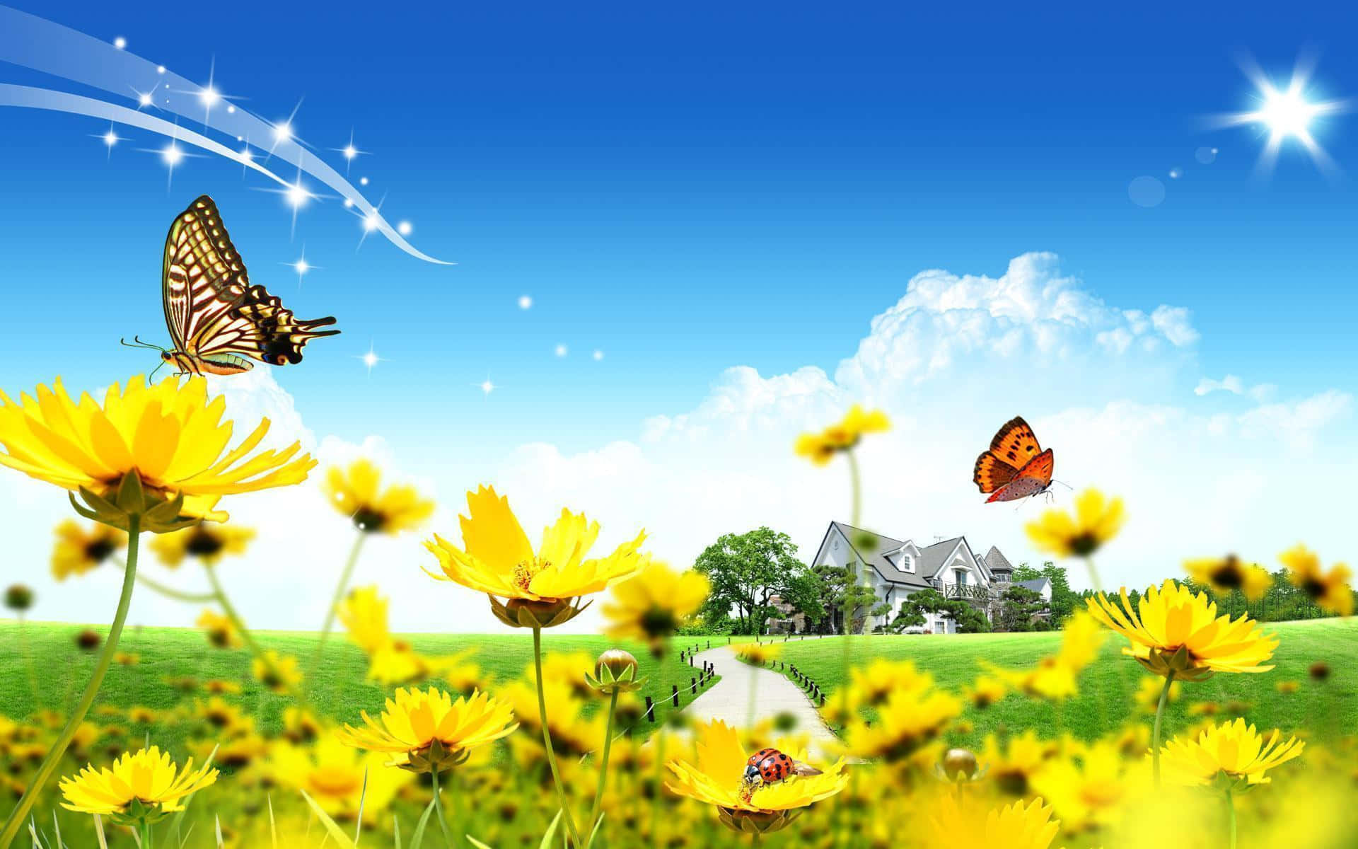 A Yellow Field With Butterflies And Flowers Background