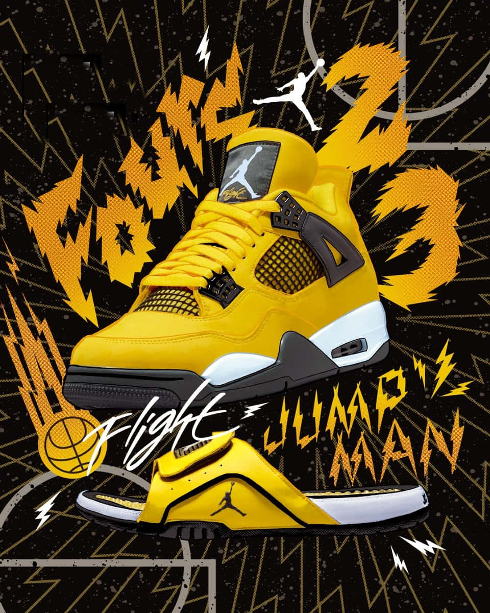 A Yellow Jordan 4 With A Black And Yellow Design Background