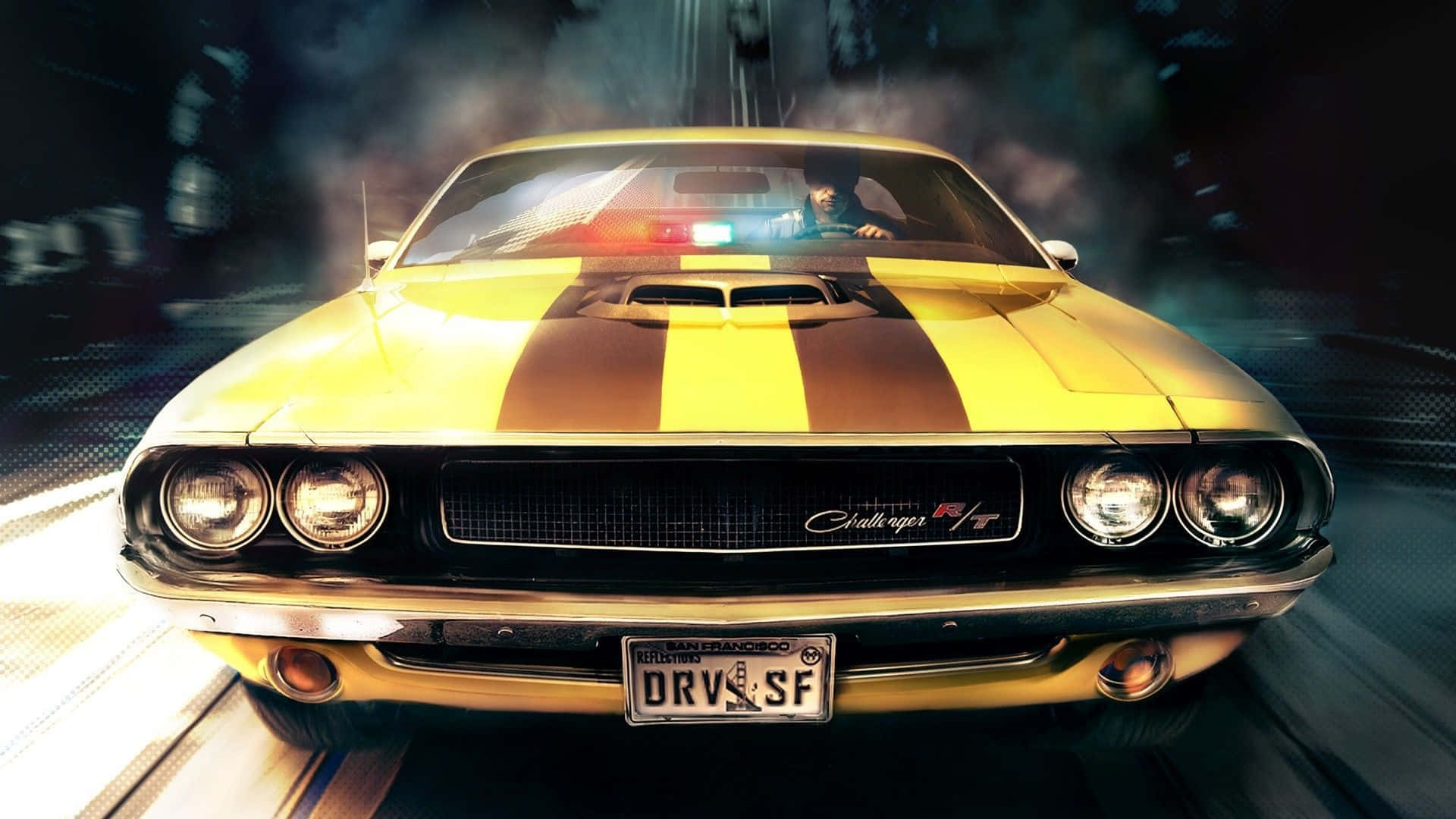 A Yellow Muscle Car Driving Down The Street Background