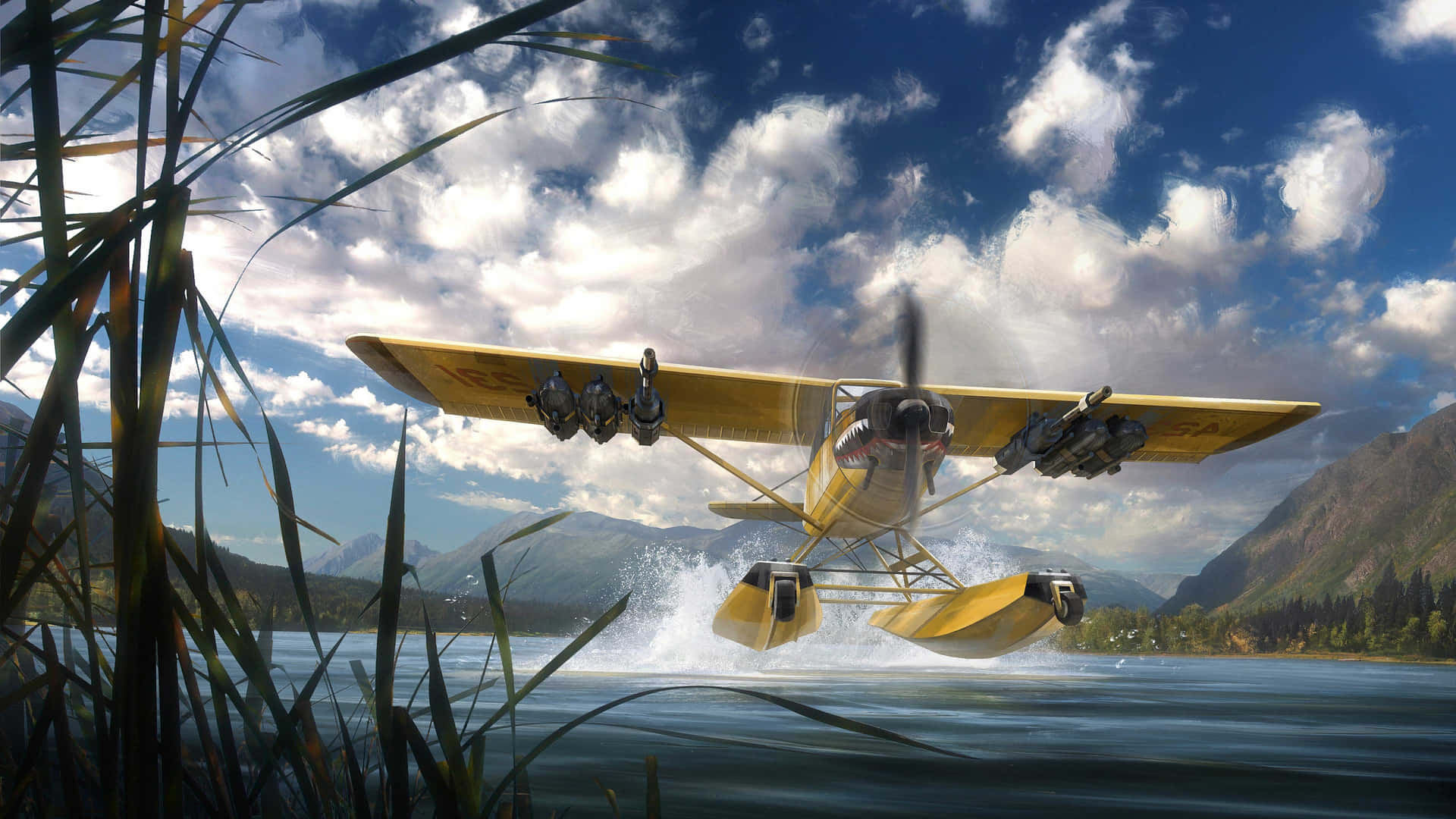 A Yellow Plane Flying Over Water Background