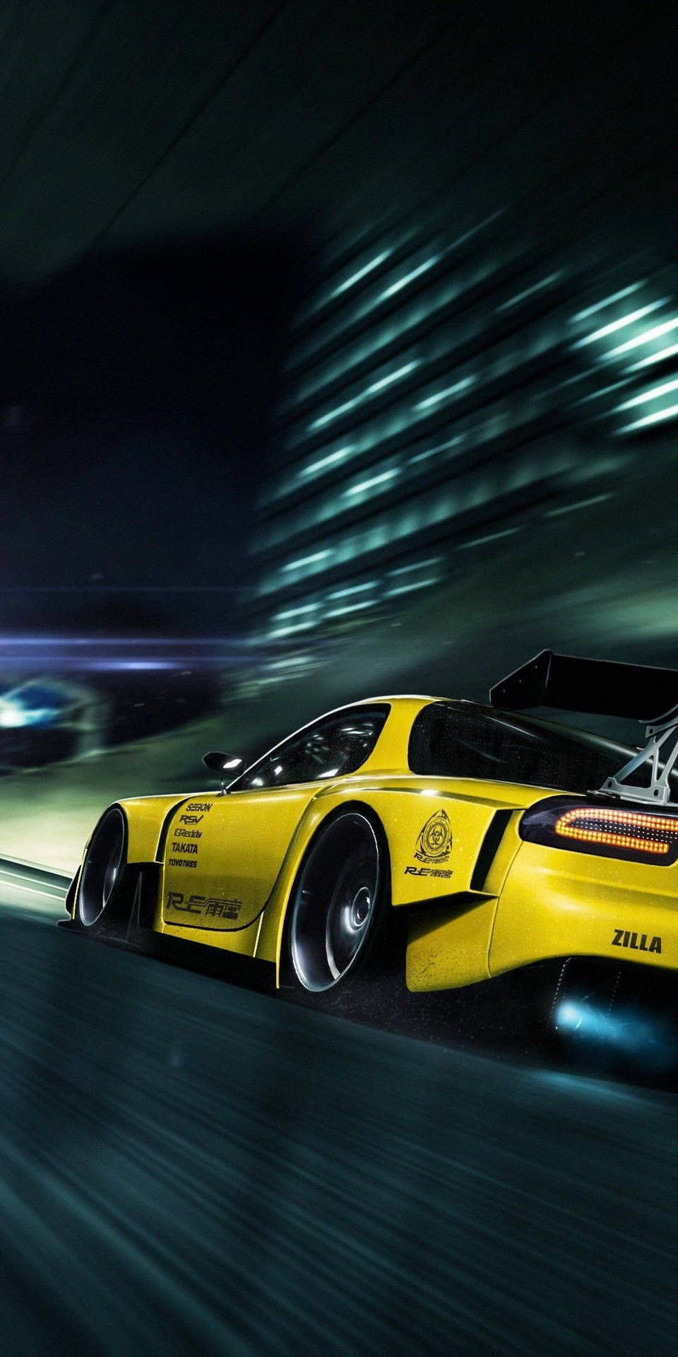 A Yellow Sports Car Driving Down A Dark Street Background