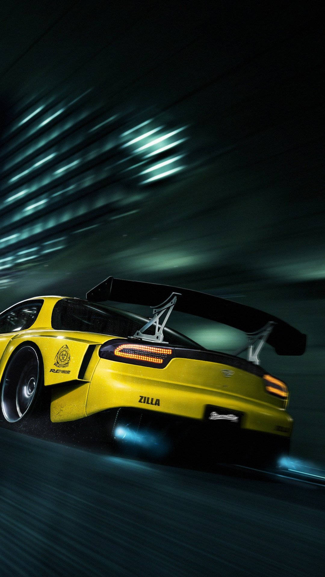 A Yellow Sports Car Driving Down A Dark Street Background