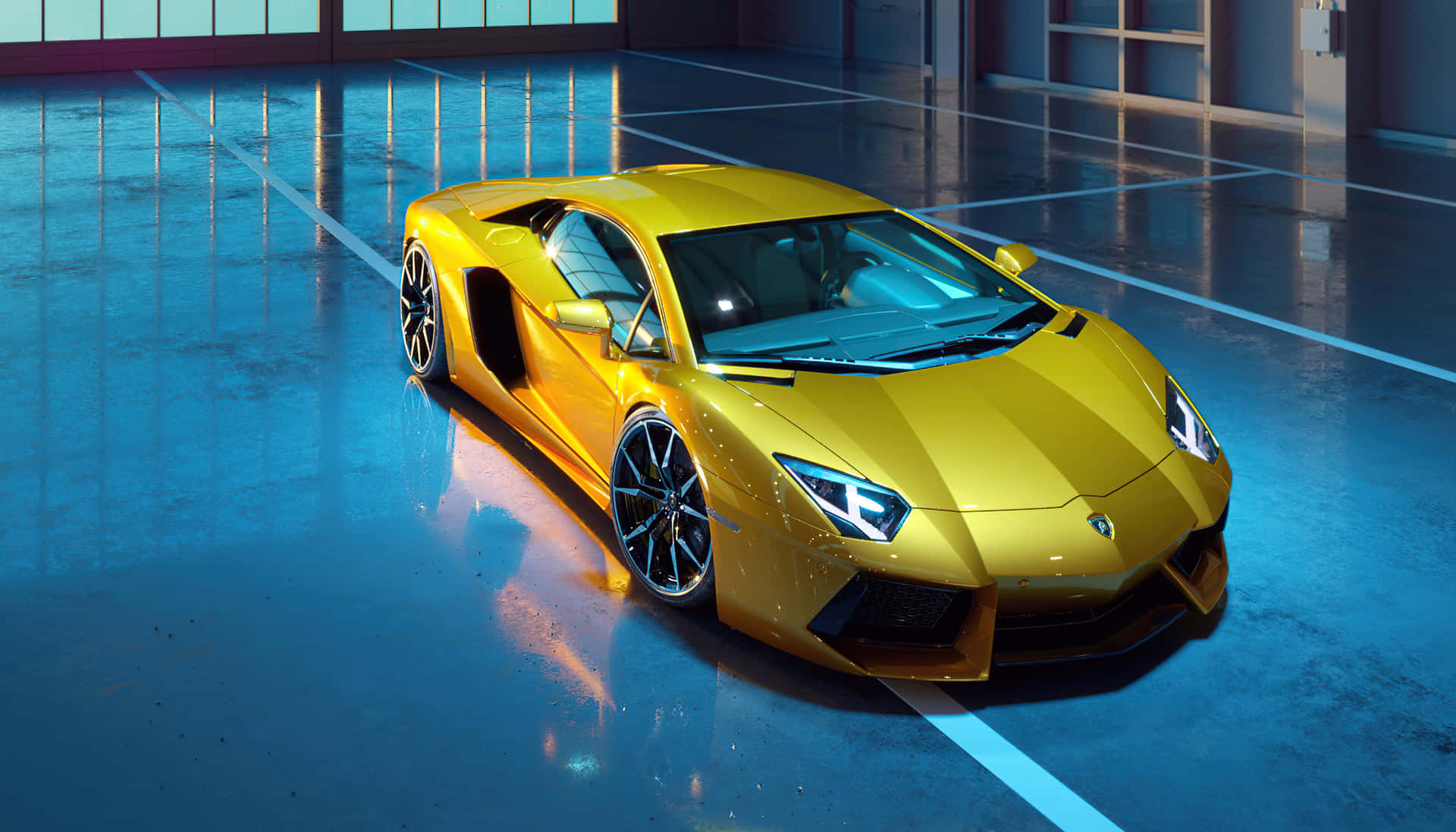 A Yellow Sports Car Is Parked In A Garage