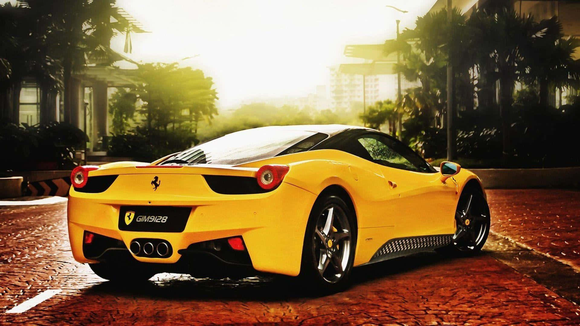 A Yellow Sports Car Is Parked On A Street Background