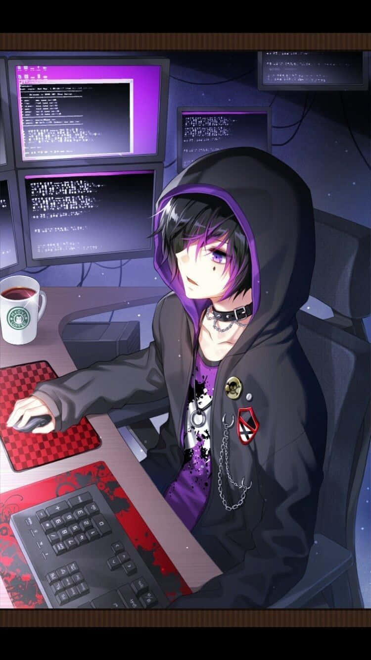 A Young Anime Boy Focuses Hard On His Computer Surrounded By A Chaotic World. Background