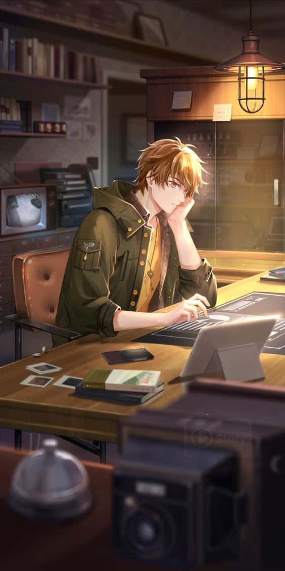 A Young Anime Boy Is Looking At An Advanced Digital Computer Background