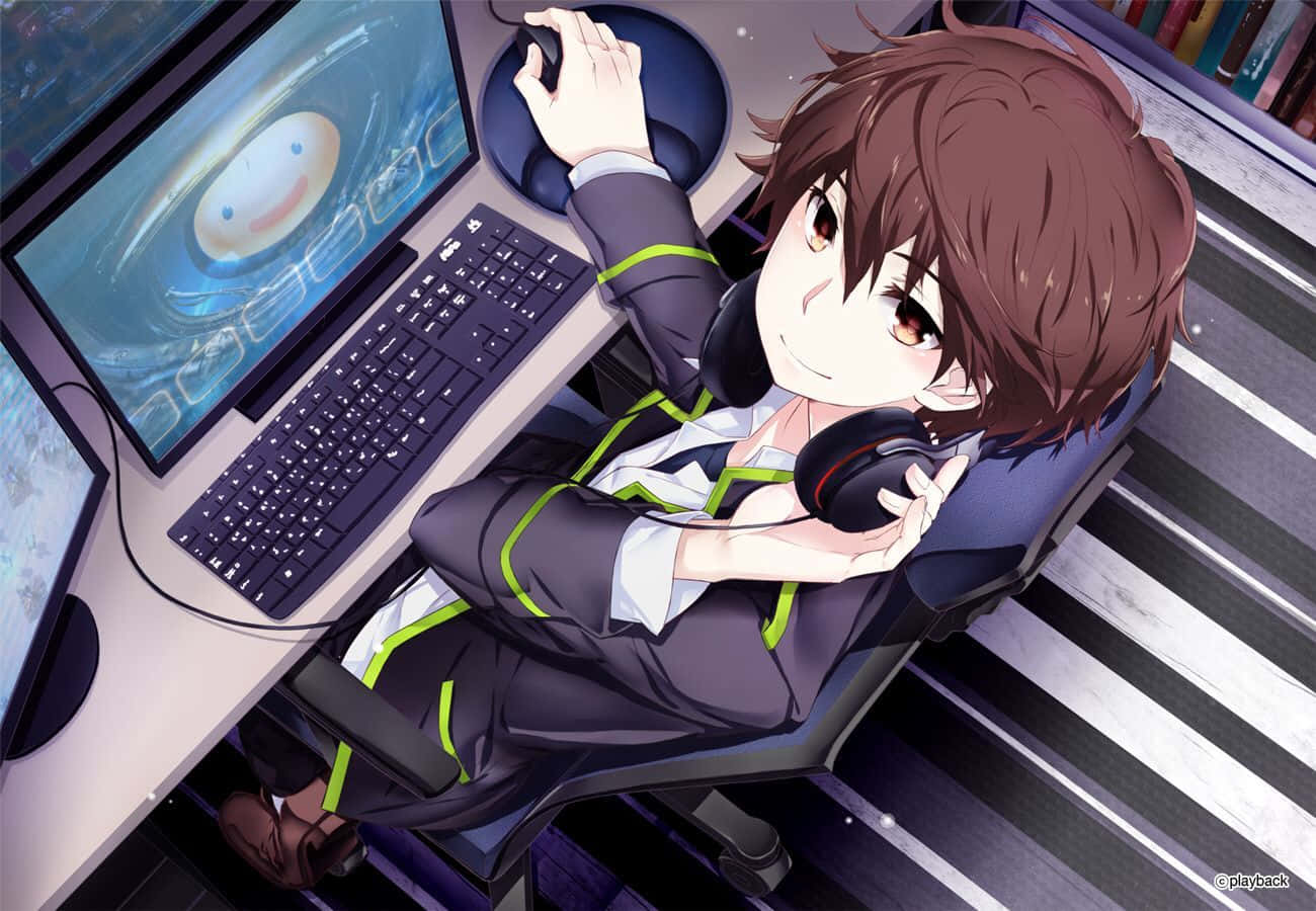A Young Anime Boy Using His Computer Background