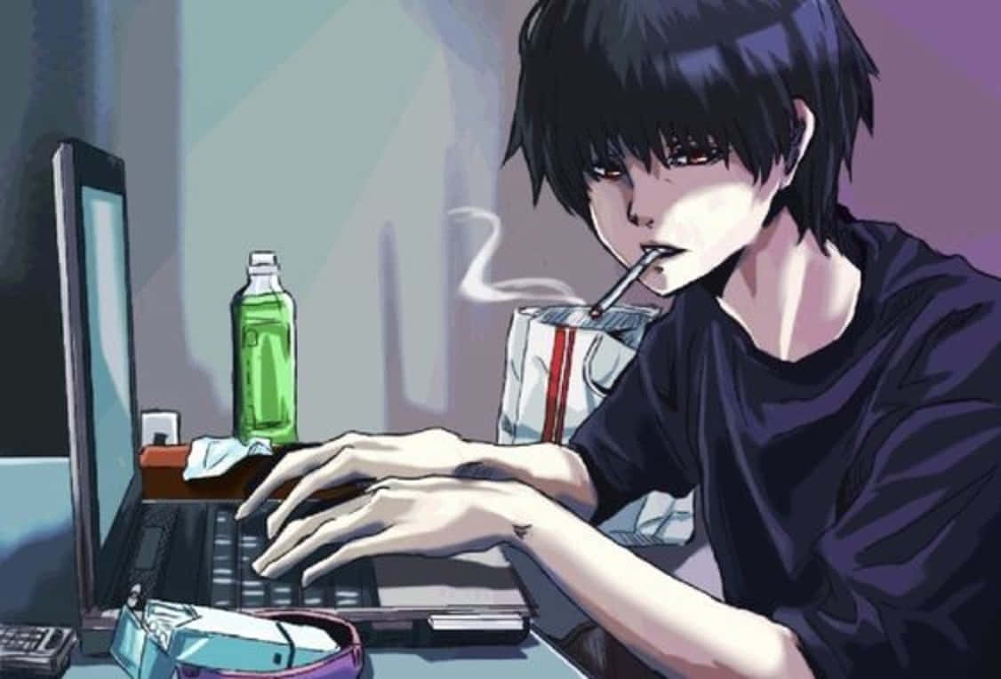 A Young Anime Boy Working Diligently On His Computer Background