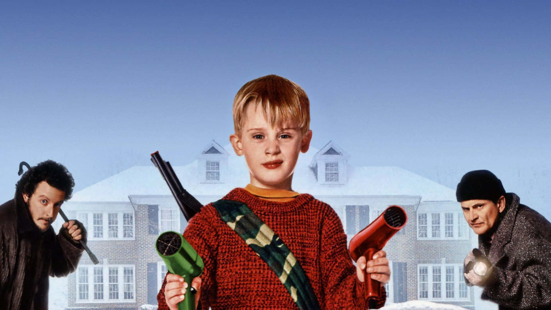 A Young Boy Holding Two Guns In Front Of A House Background