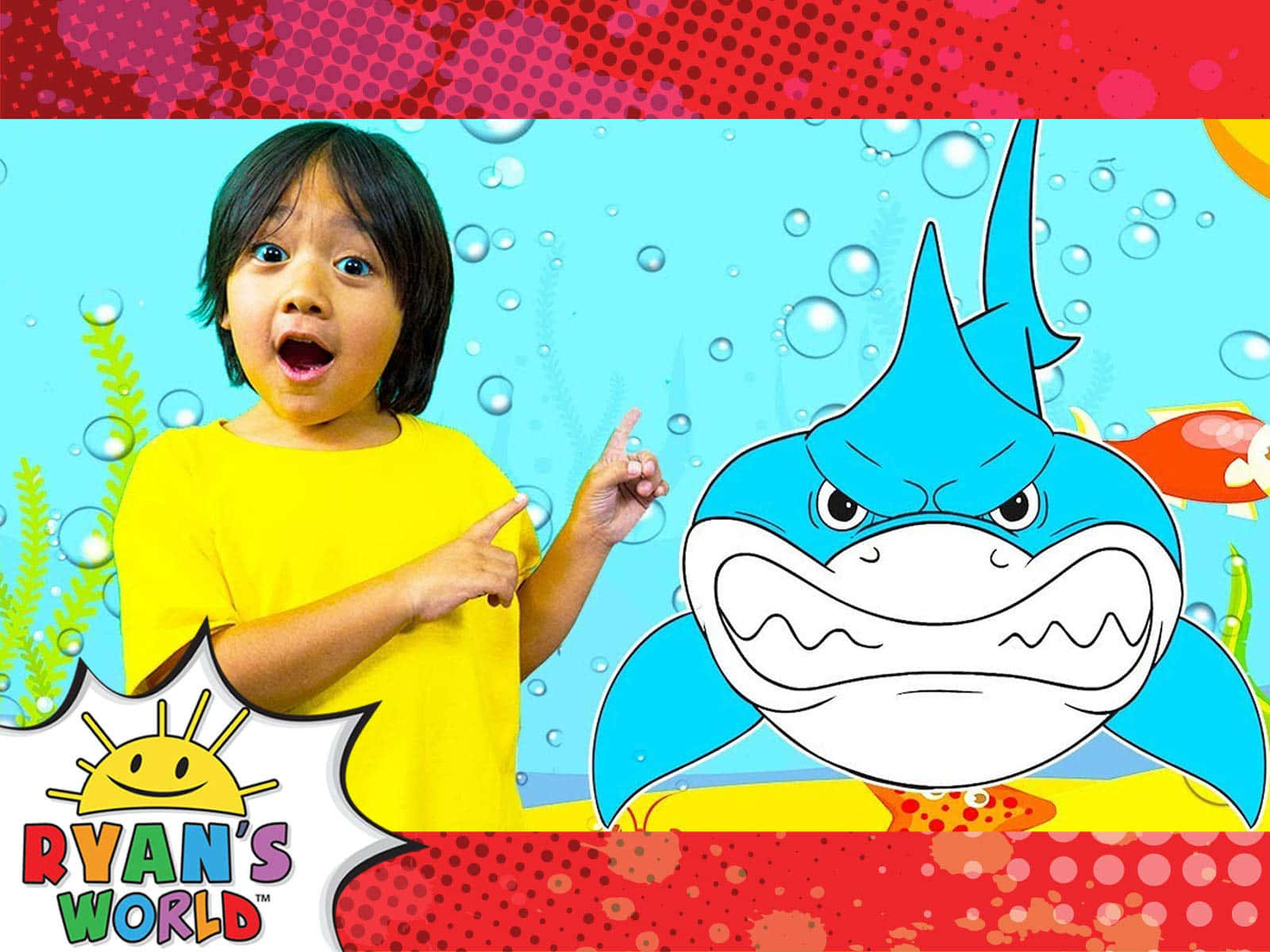 A Young Boy Is Pointing To A Shark In The Water Background