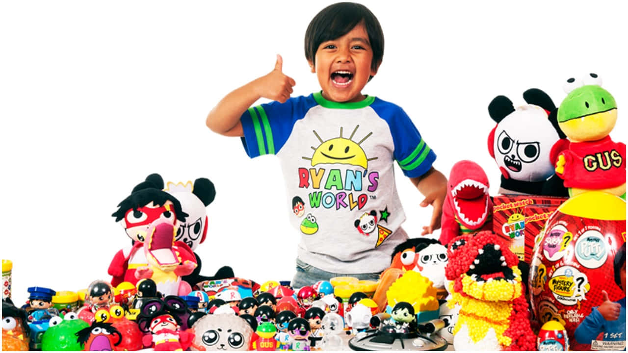 A Young Boy Standing In Front Of A Large Pile Of Stuffed Animals Background