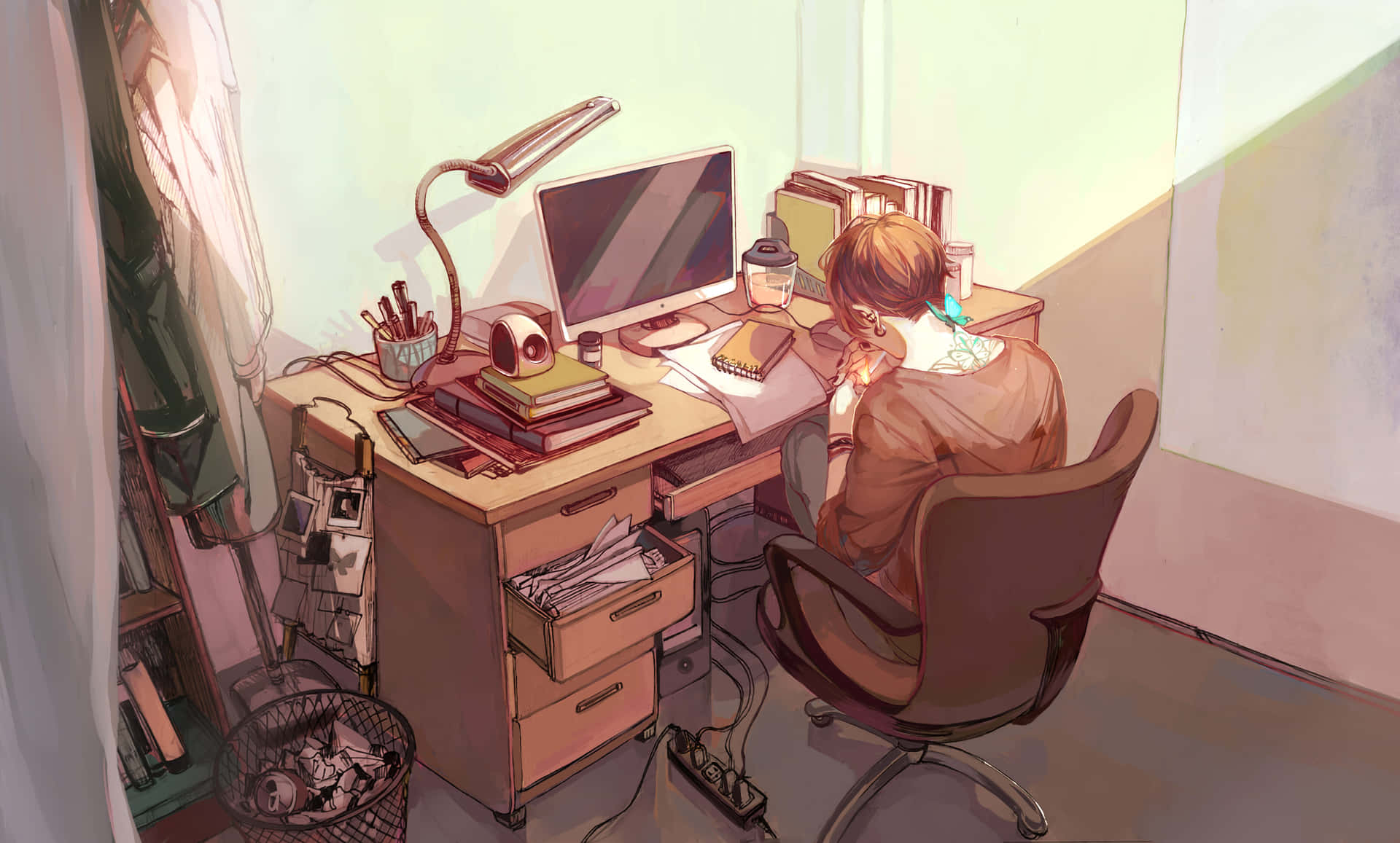 A Young Boy Working On His Computer With A Background Of An Anime Fantasy World Background