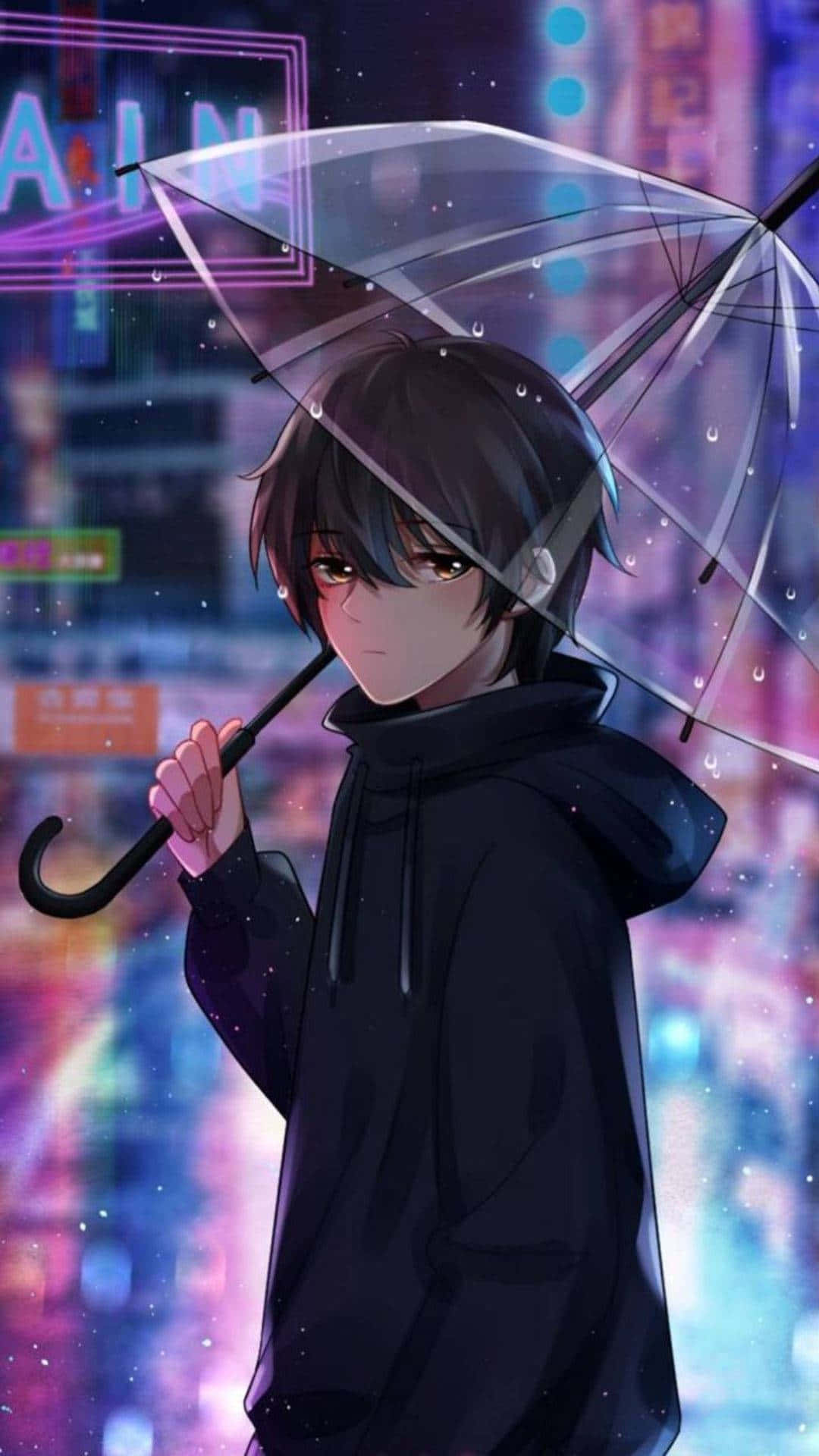 A Young Dark Anime Boy Gazing At The Stars Background