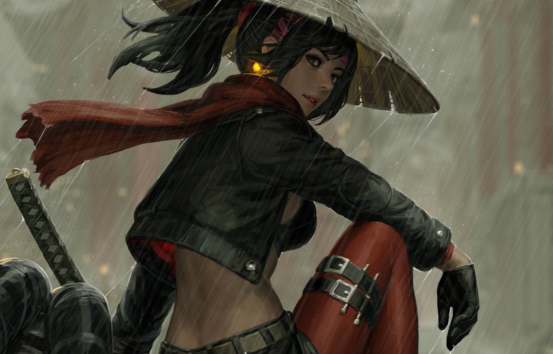 A Young Female Samurai, Trained In Traditional Japanese Martial Arts, Stands Ready To Fight. Background