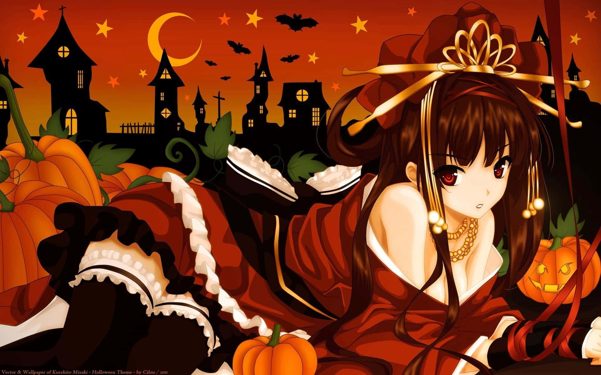 A Young Girl In A Spooky Halloween Outfit Background