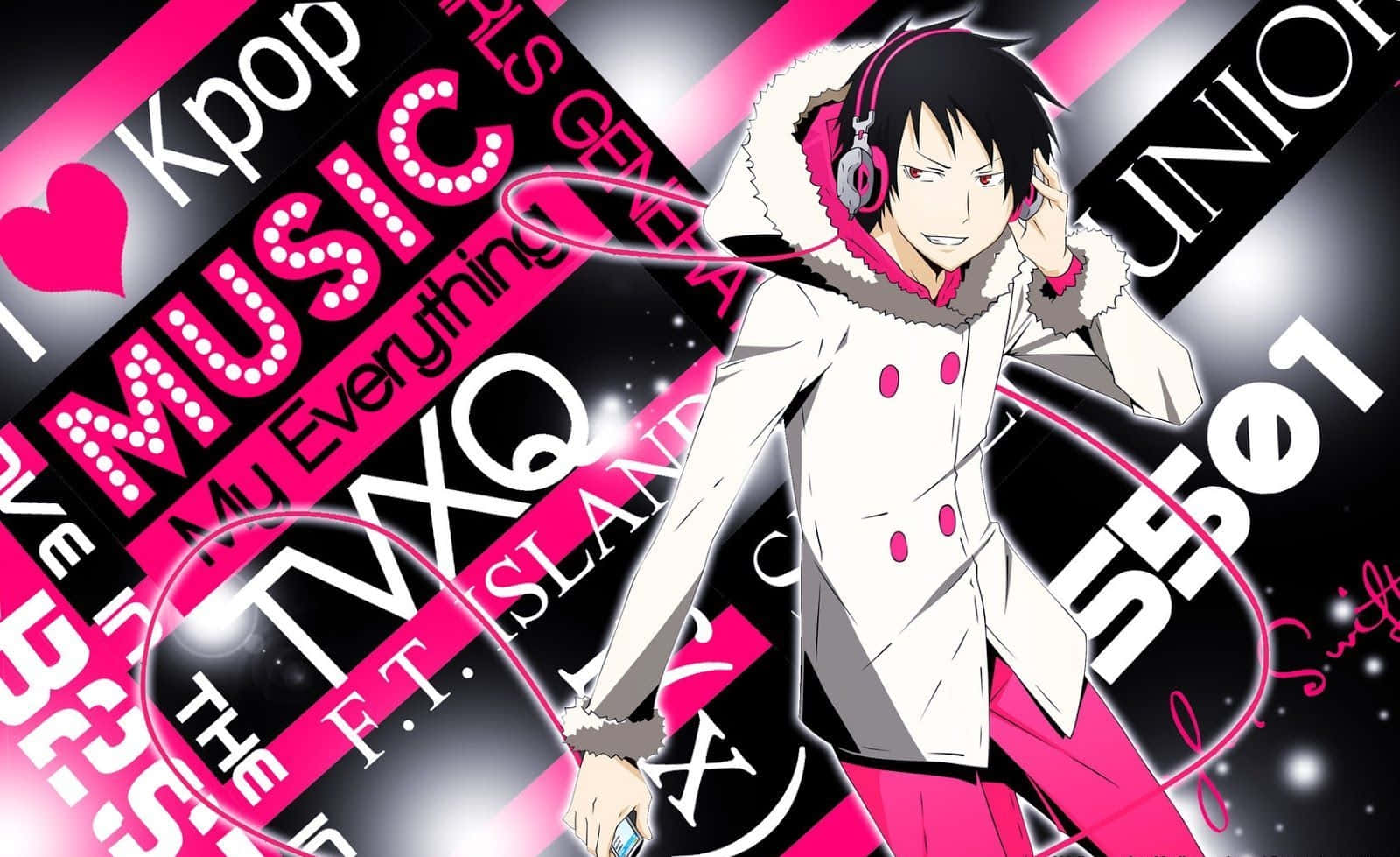 A Young Man In Headphones Is Holding A Pink And Black T-shirt Background