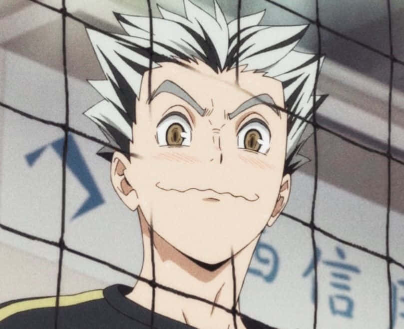 A Young Man With White Hair Standing Behind A Net Background
