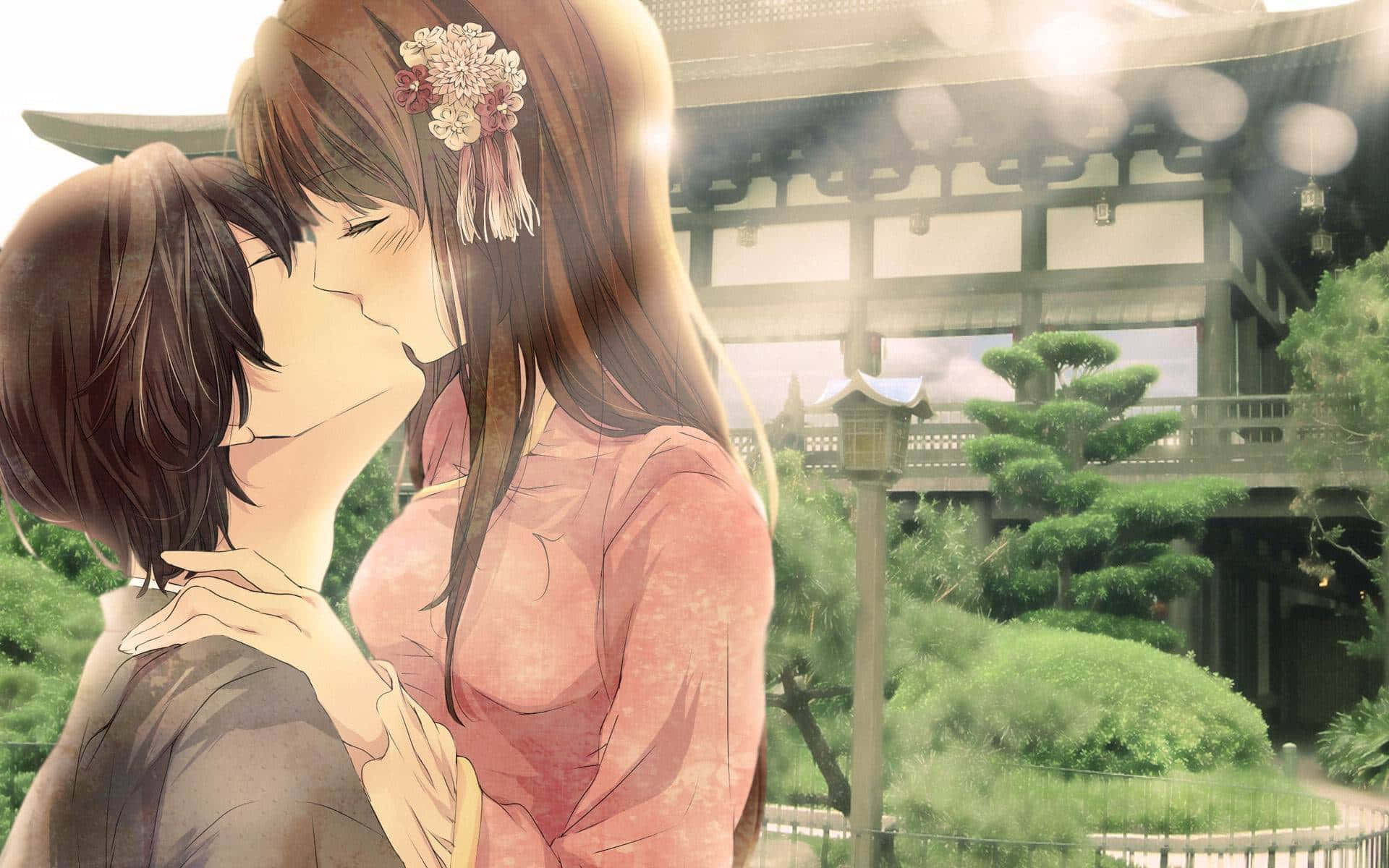 A Youthful And Beautiful Aesthetic Couple Having Fun In The World Of Anime Background