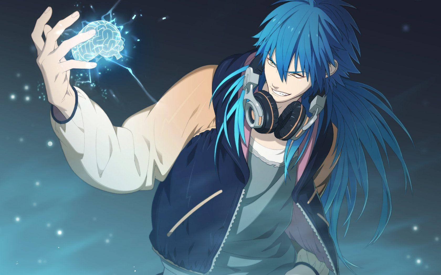 A Youthful Anime Boy With Blue Hair. Background