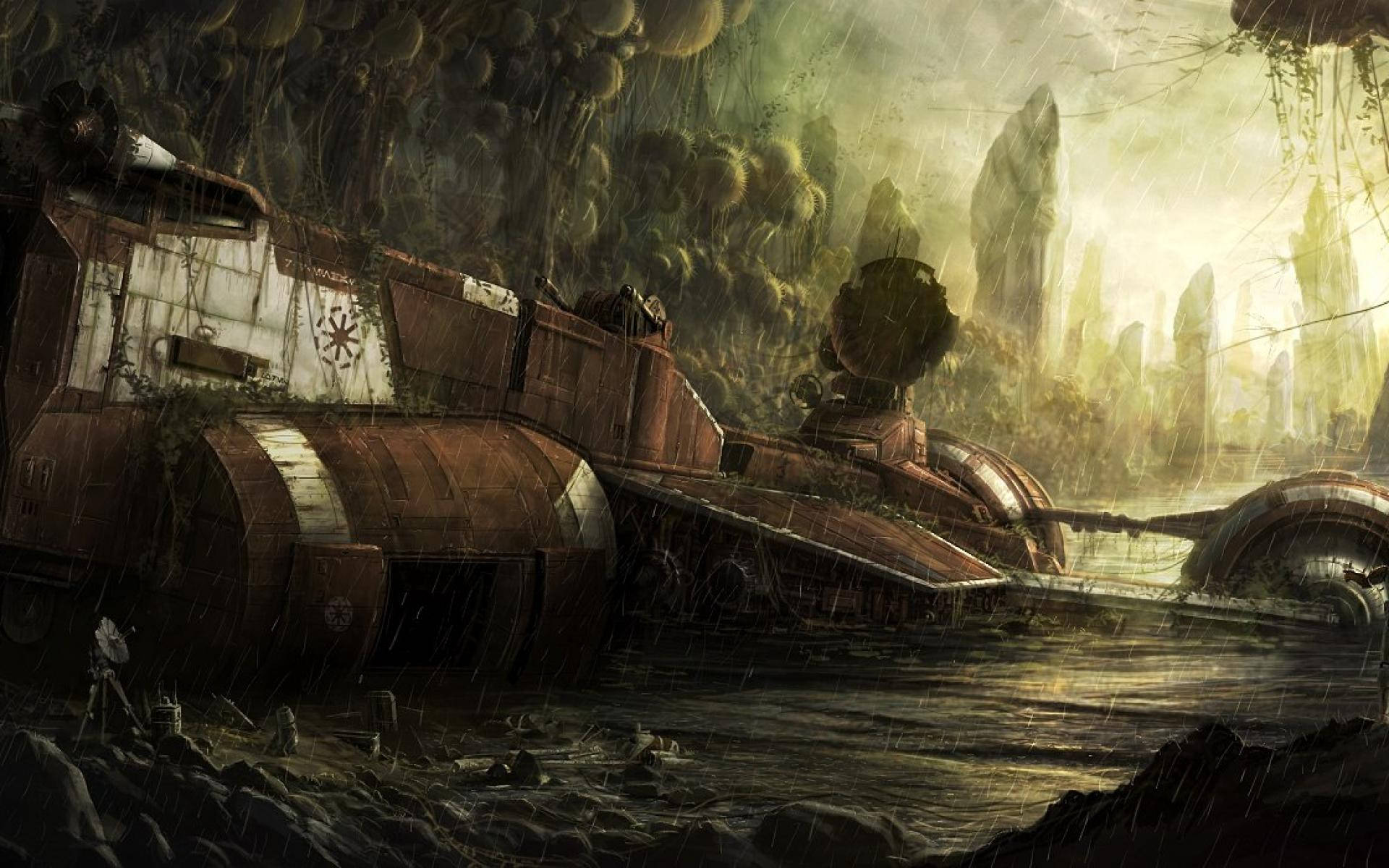 Abandoned Star Wars Cruiser In Jungle Landscape Background