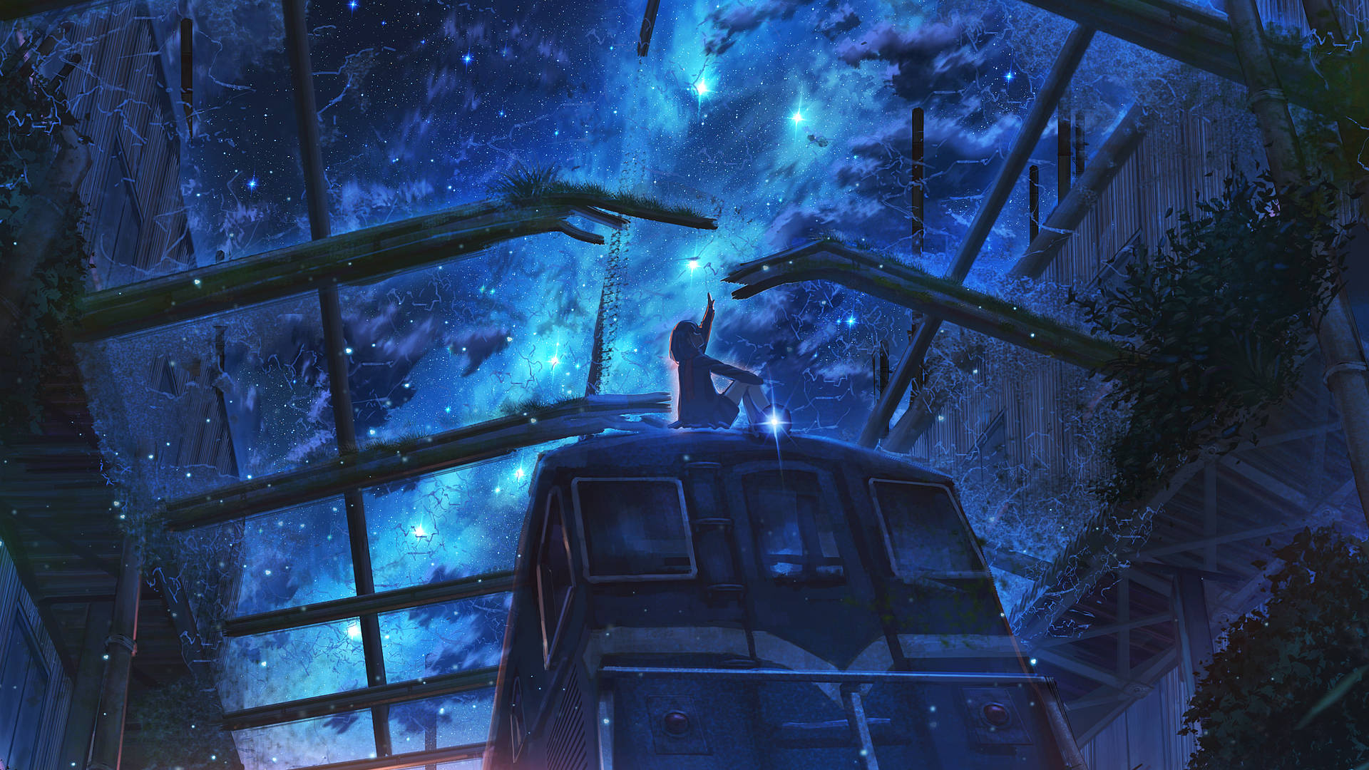 Abandoned Train Station Anime Night Sky