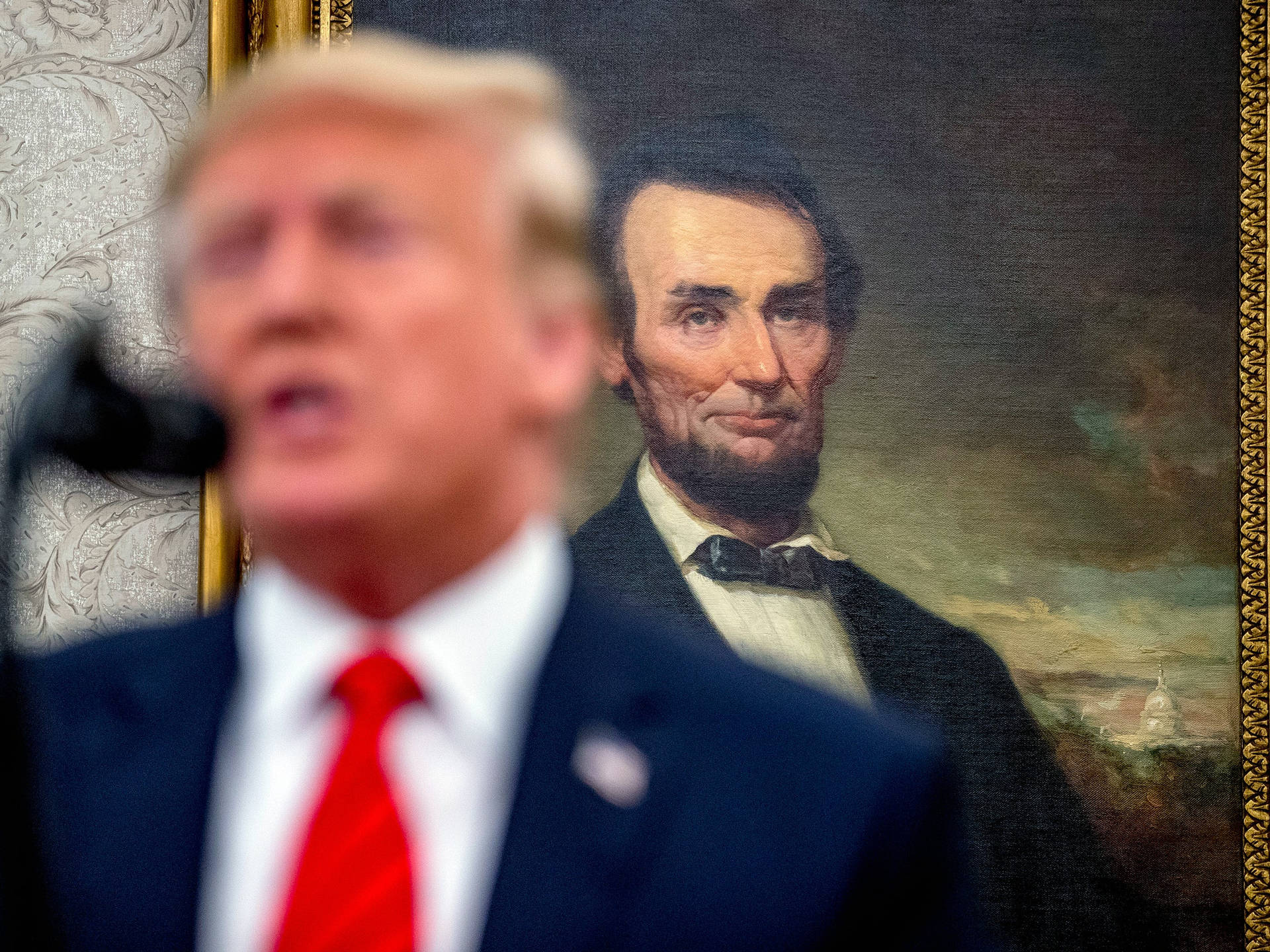 Abraham Lincoln Portrait Painting With Former President Trump Background