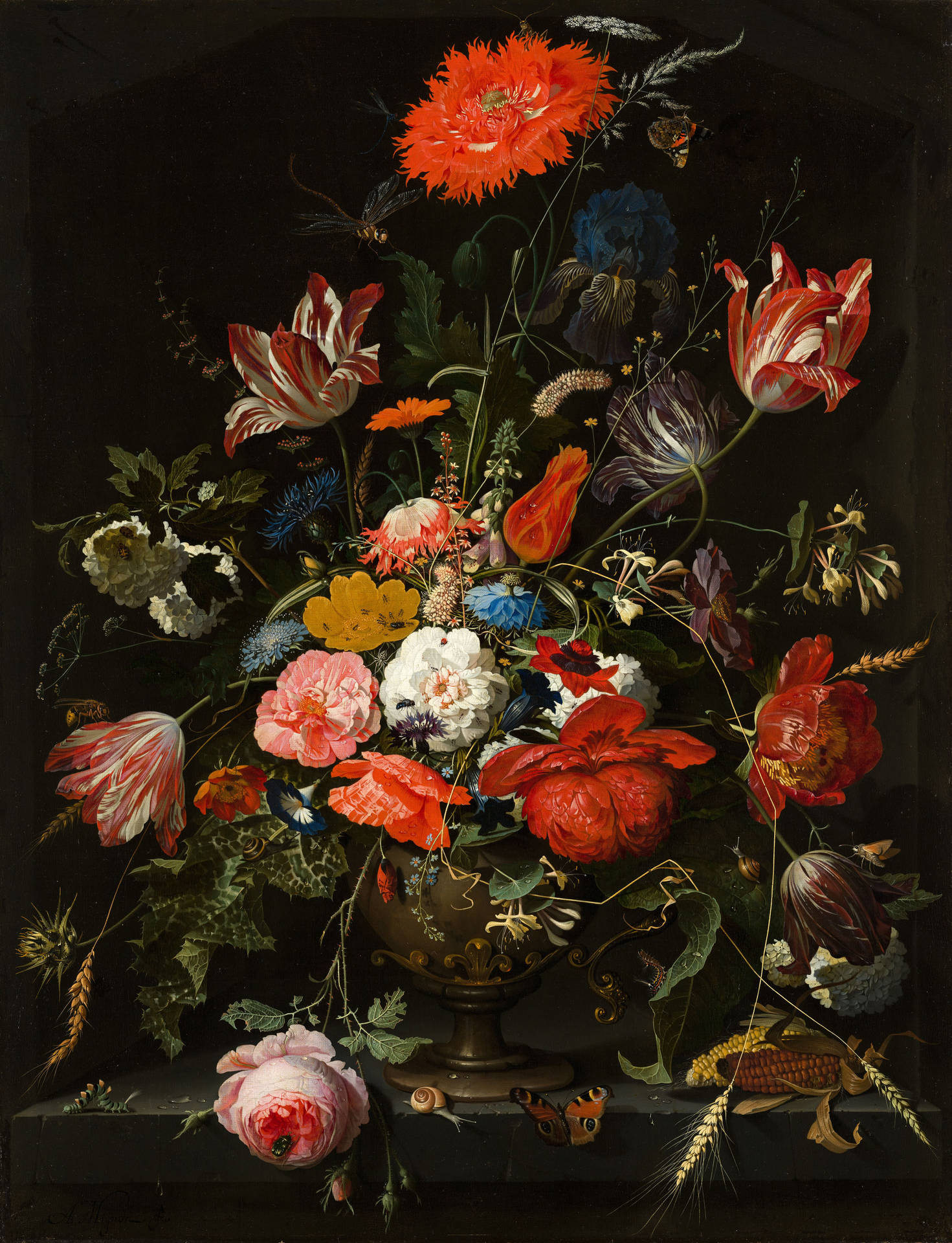 Abraham Mignon Flowers In A Metal Vase Painting