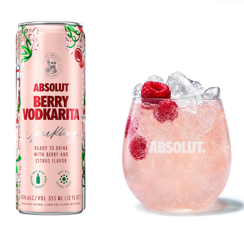 Absolut Berry Vodkarita Can And Glass With Ice Background