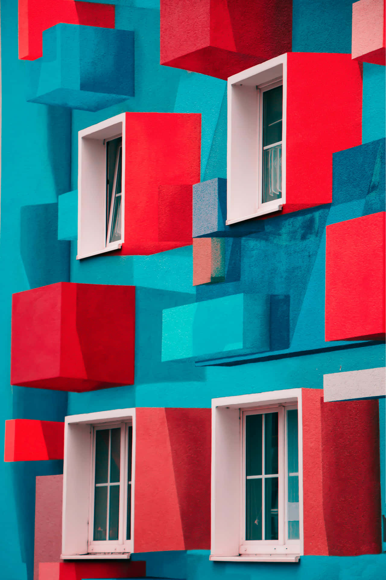 Abstract Geometric Building Facade Red Blue Background