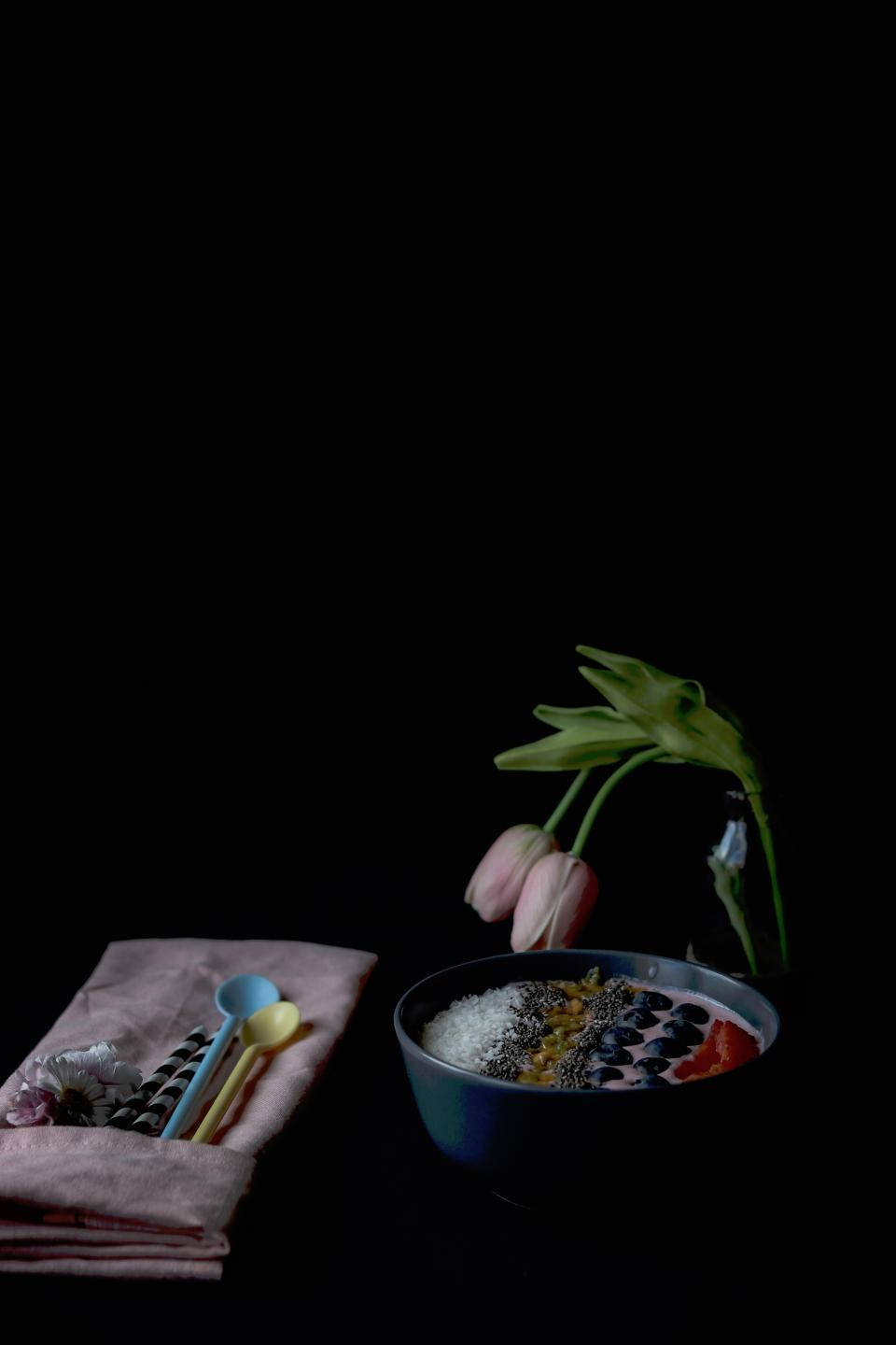 Acai Bowl With Fruits On Dark Background Background