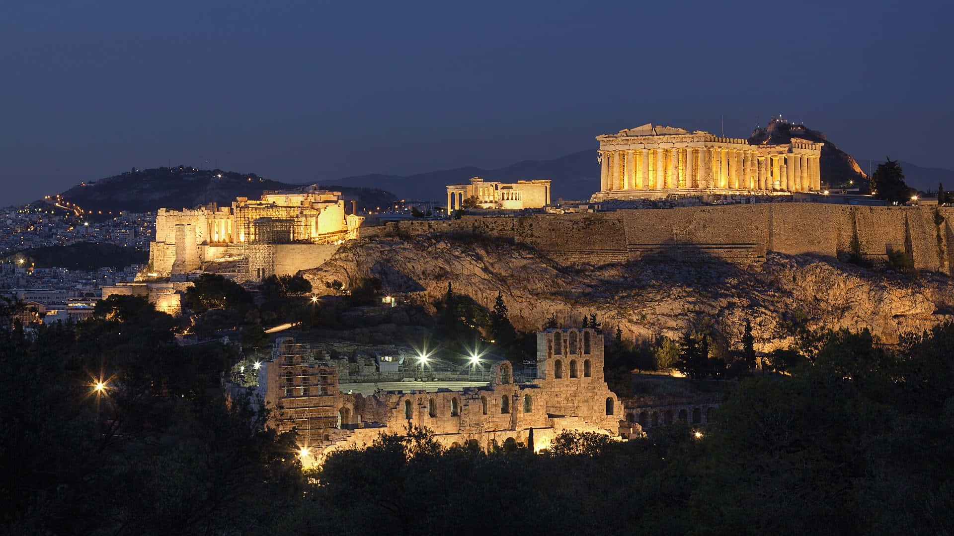 Acropolis Bright Accent Lights Highlighting The Remains Background