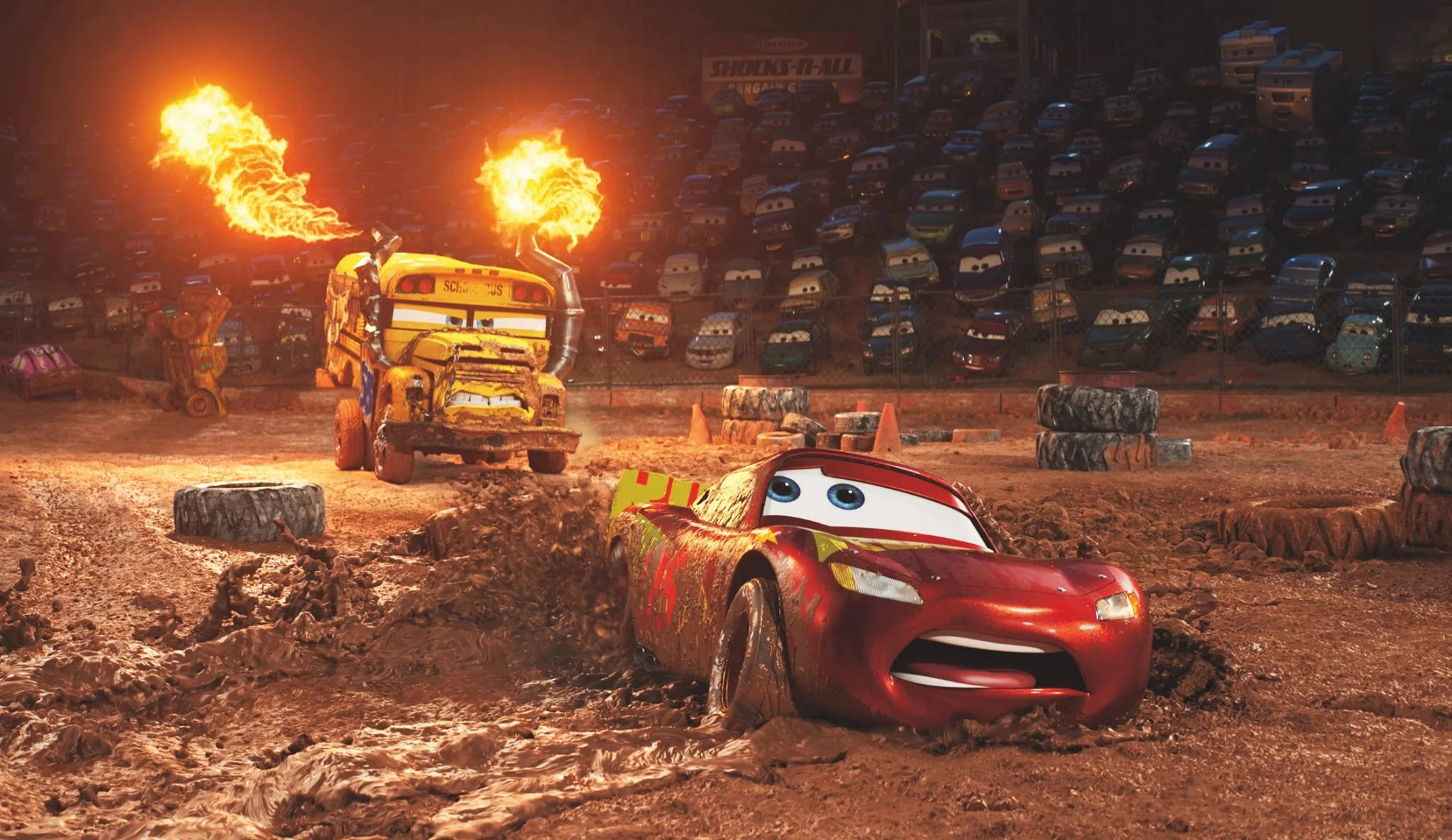 Action-filled Racing Scene At Disney's Cars Mud Pit Background