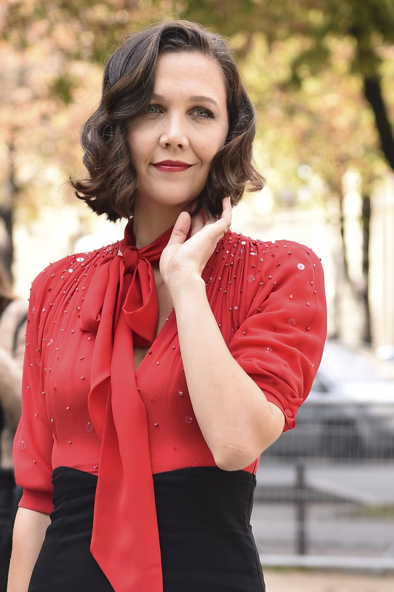 Actress Maggie Gyllenhaal Red Blouse Background