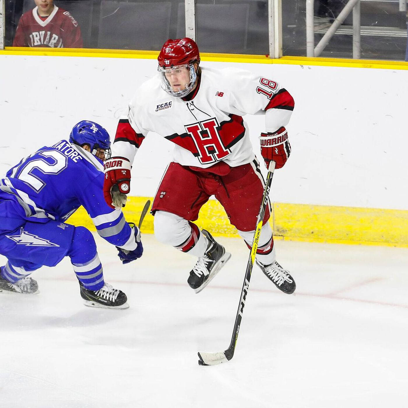 Adam Fox In His White Harvard Crimson Uniform