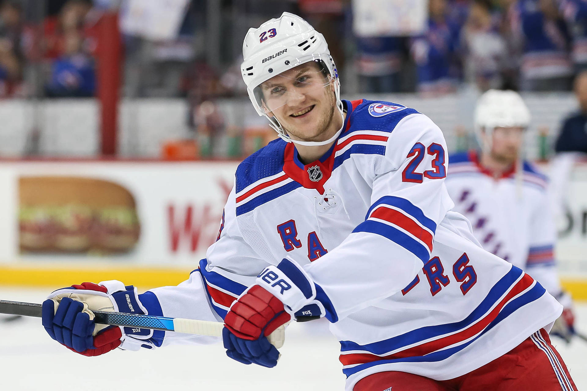 Adam Fox White New York Rangers Uniform Smiling