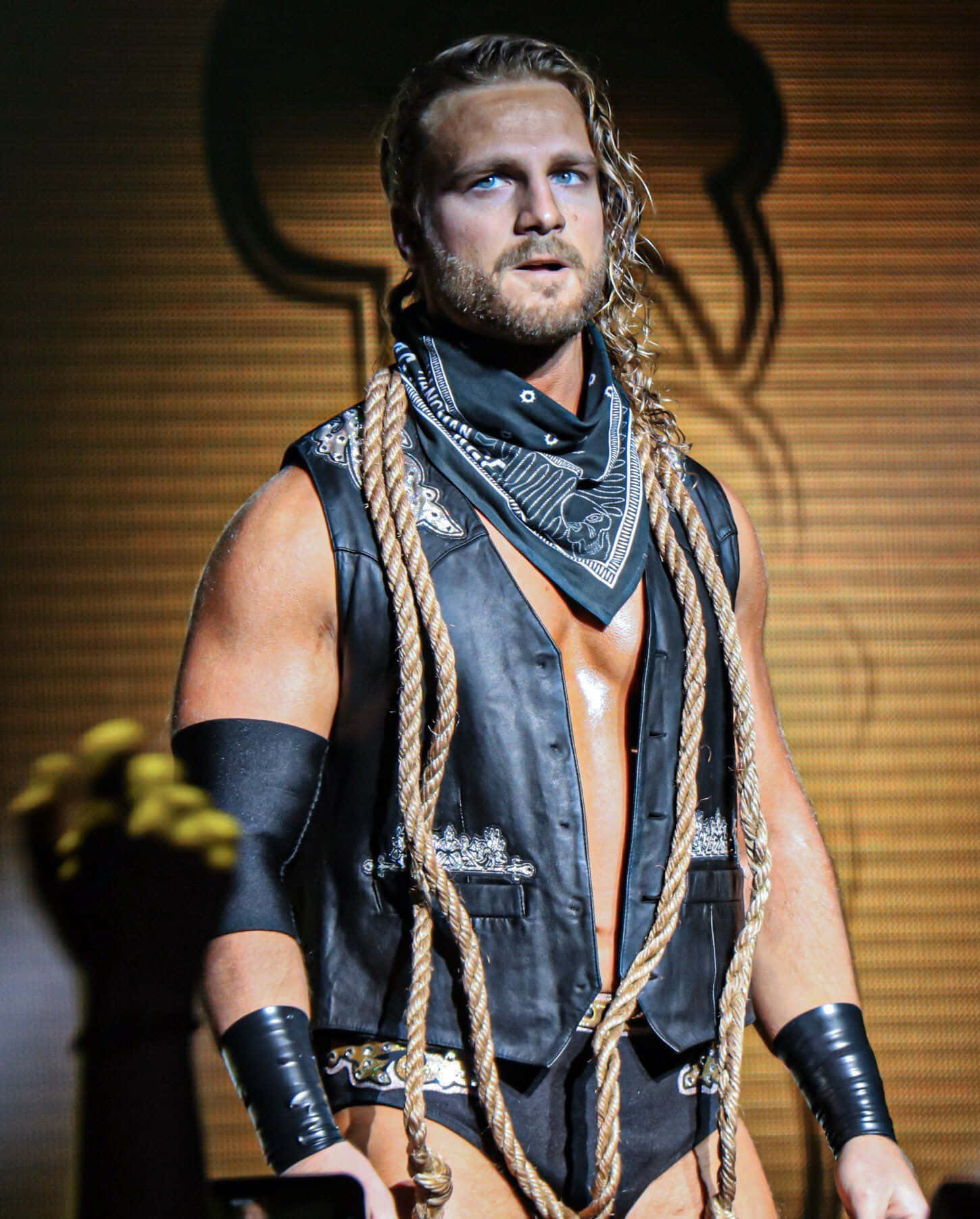Adam Page Wearing Cowboy Outfit With Ropes Background
