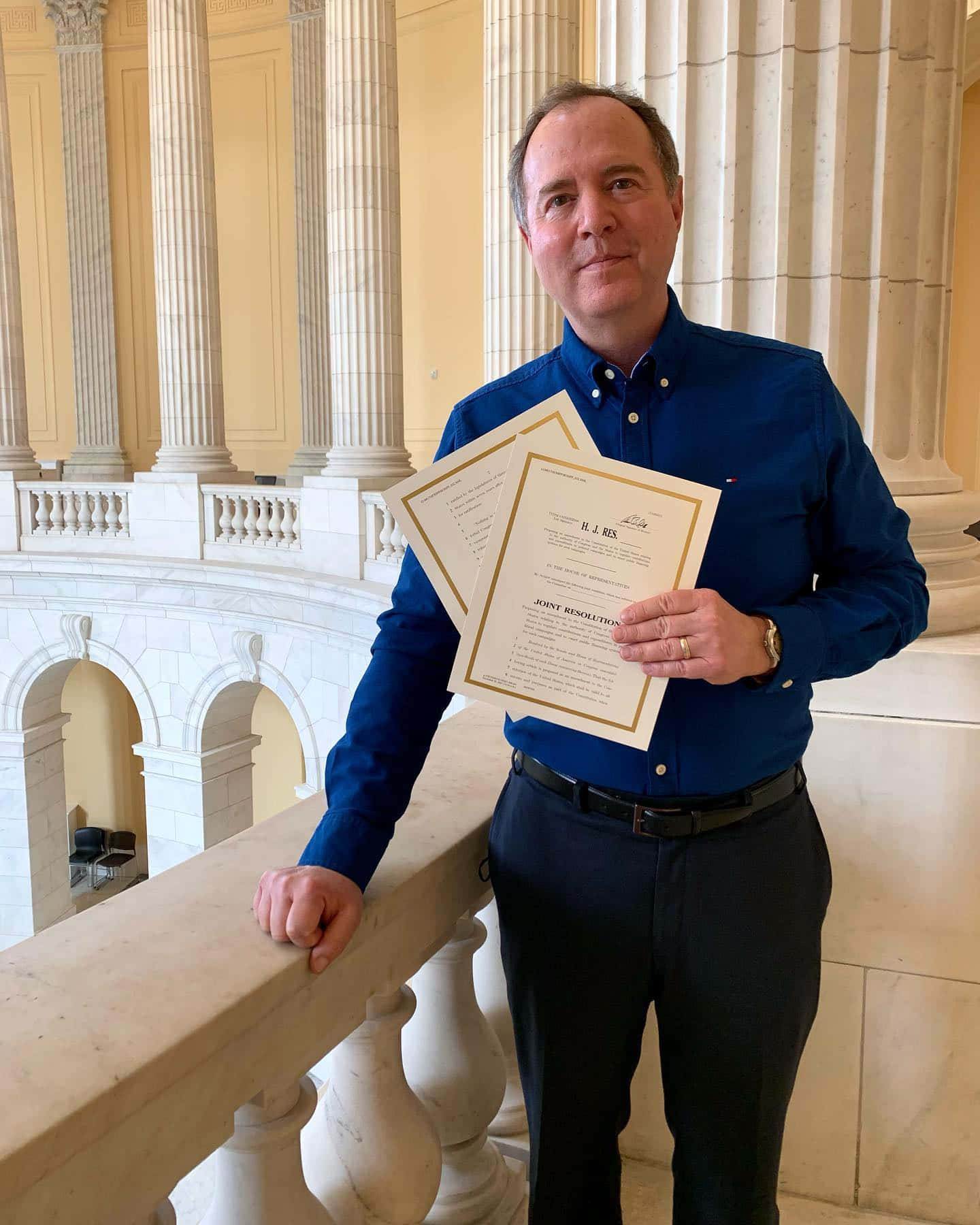 Adam Schiff Holding His Certificates