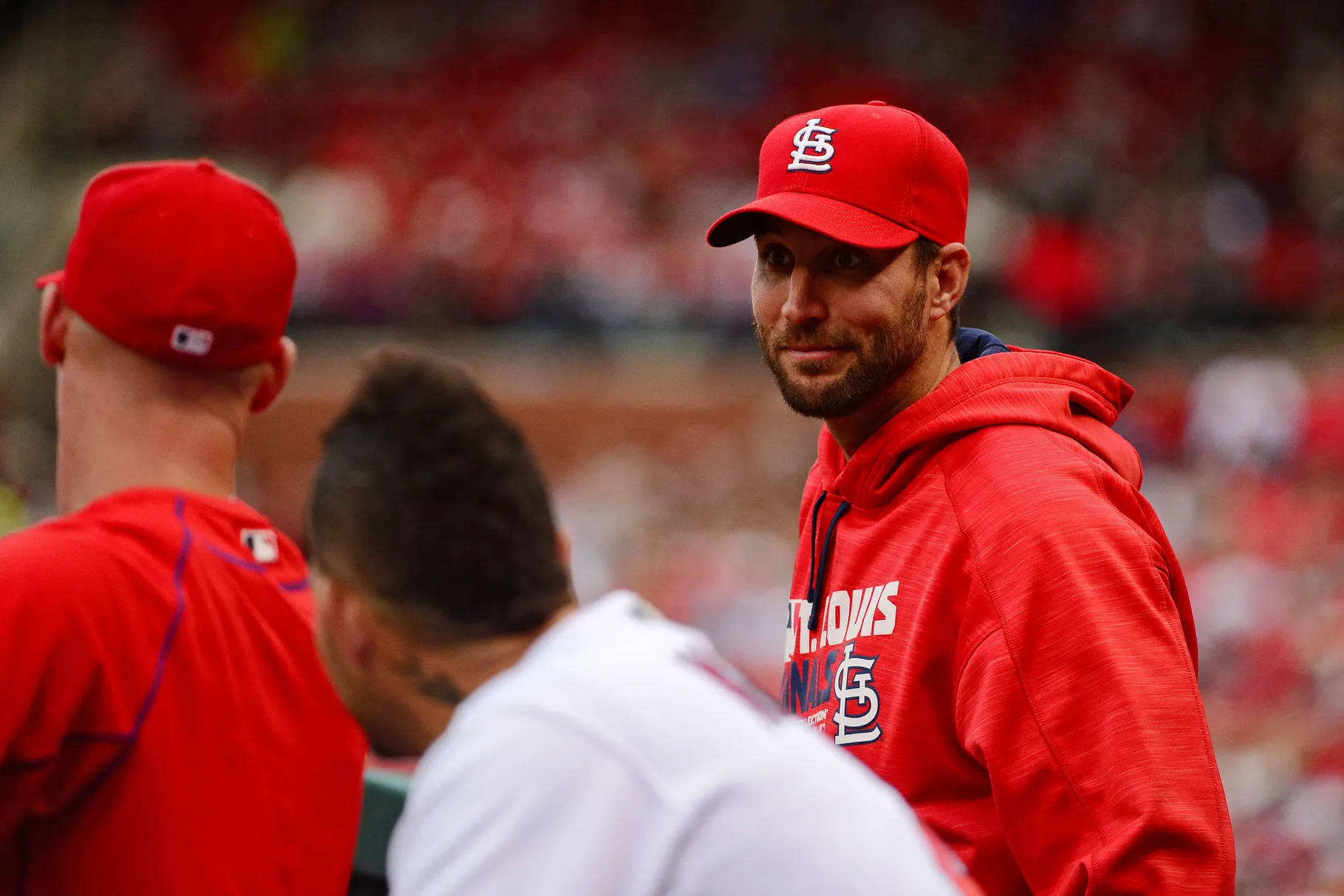 Adam Wainwright In Red Cap And Hoodie