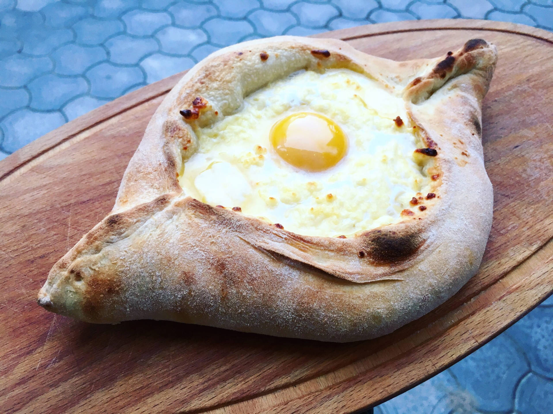 Adjarian Khachapuri Cheese Bread Laid On Wooden Pan