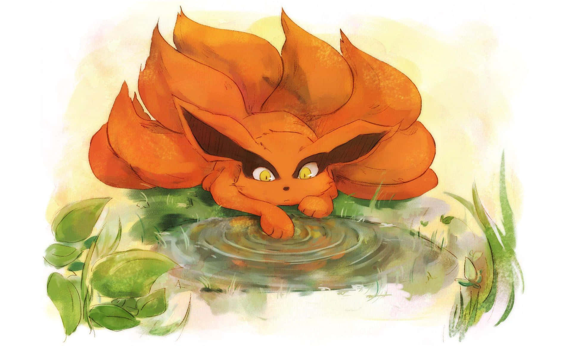 Adorable Baby Kurama Nestled In Nature Background