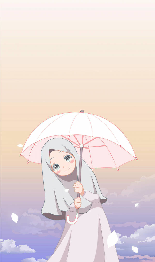 Adorable Cartoon Girl In Hijab With Umbrella Background