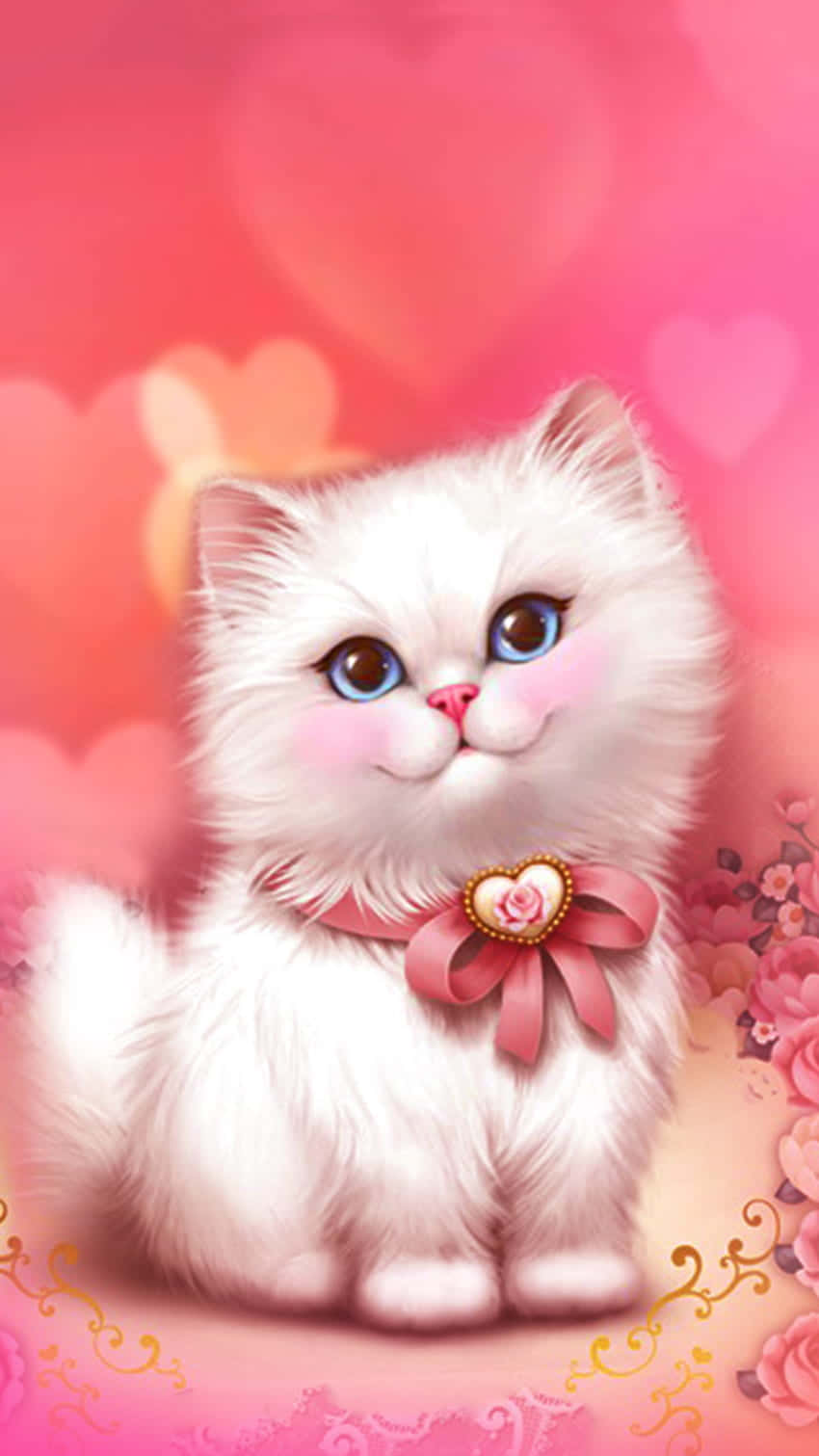 Adorable Fluffy Pink Cat Illustration Background