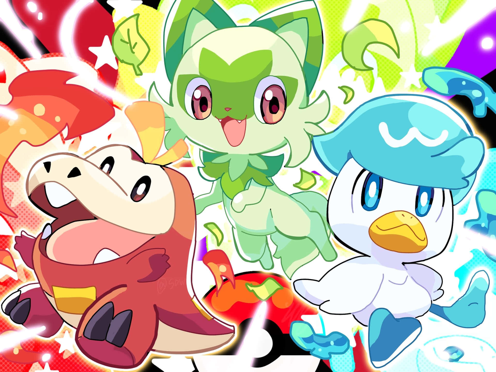 Adorable Fuecoco, Sprigatito, And Quaxly In An Animated 2d Display Background