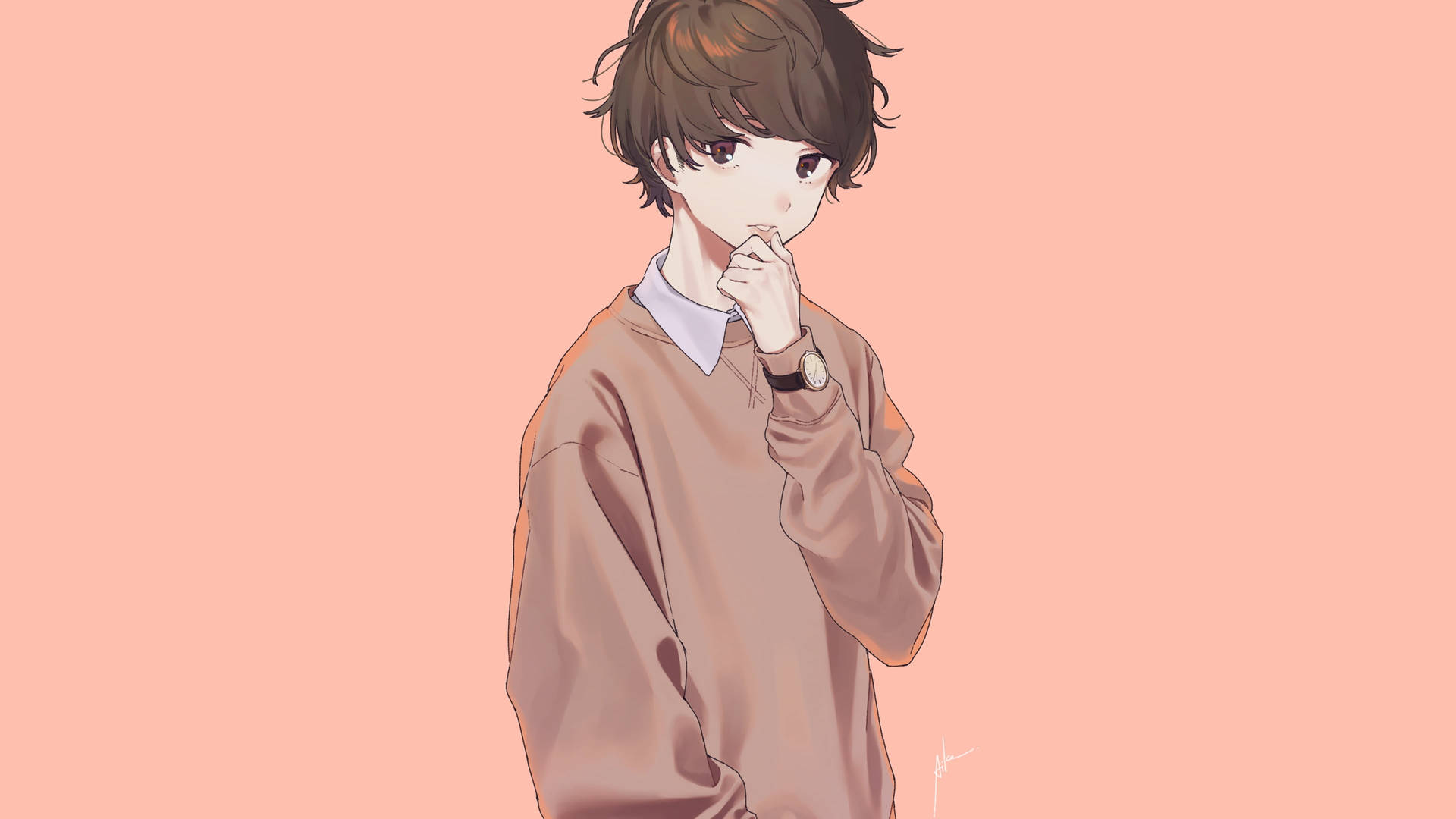 Adorable Kawaii Anime Boy Wearing A Brown Sweater