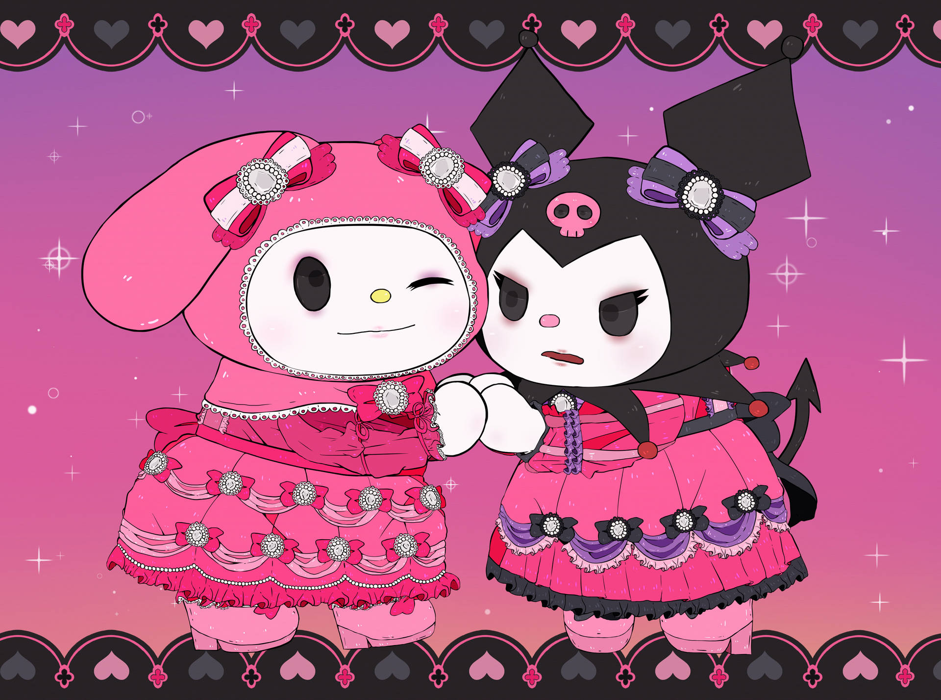 Adorable My Melody And Kuromi In Pink Gowns Background