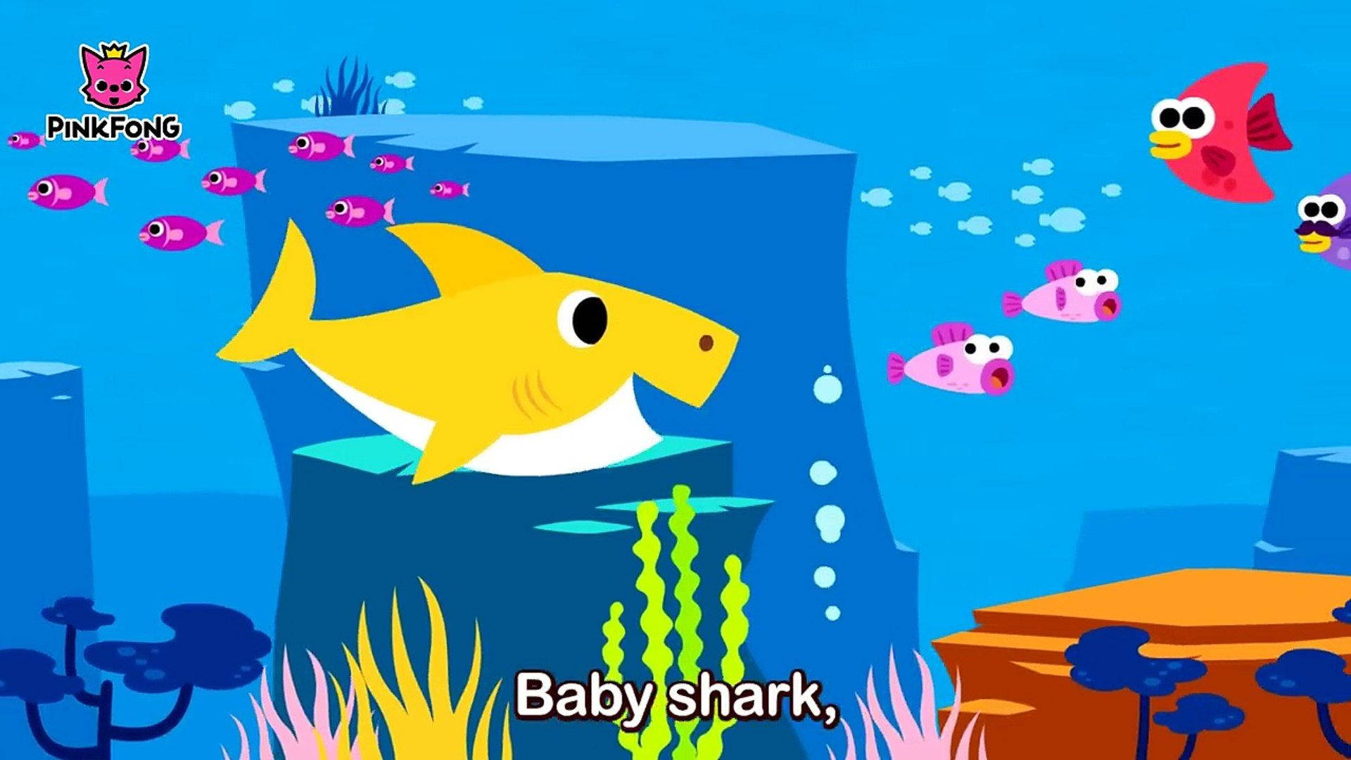 Adorable Pinkfong Baby Shark Dancing On Yellow Background Background