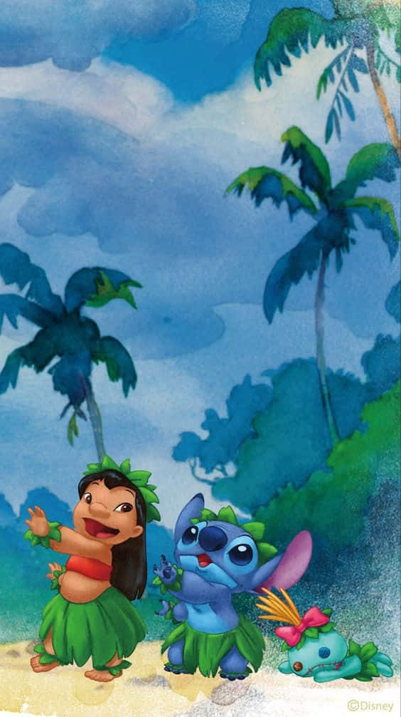 Adorable Stitch And Lilo Dancing In The Beach Background