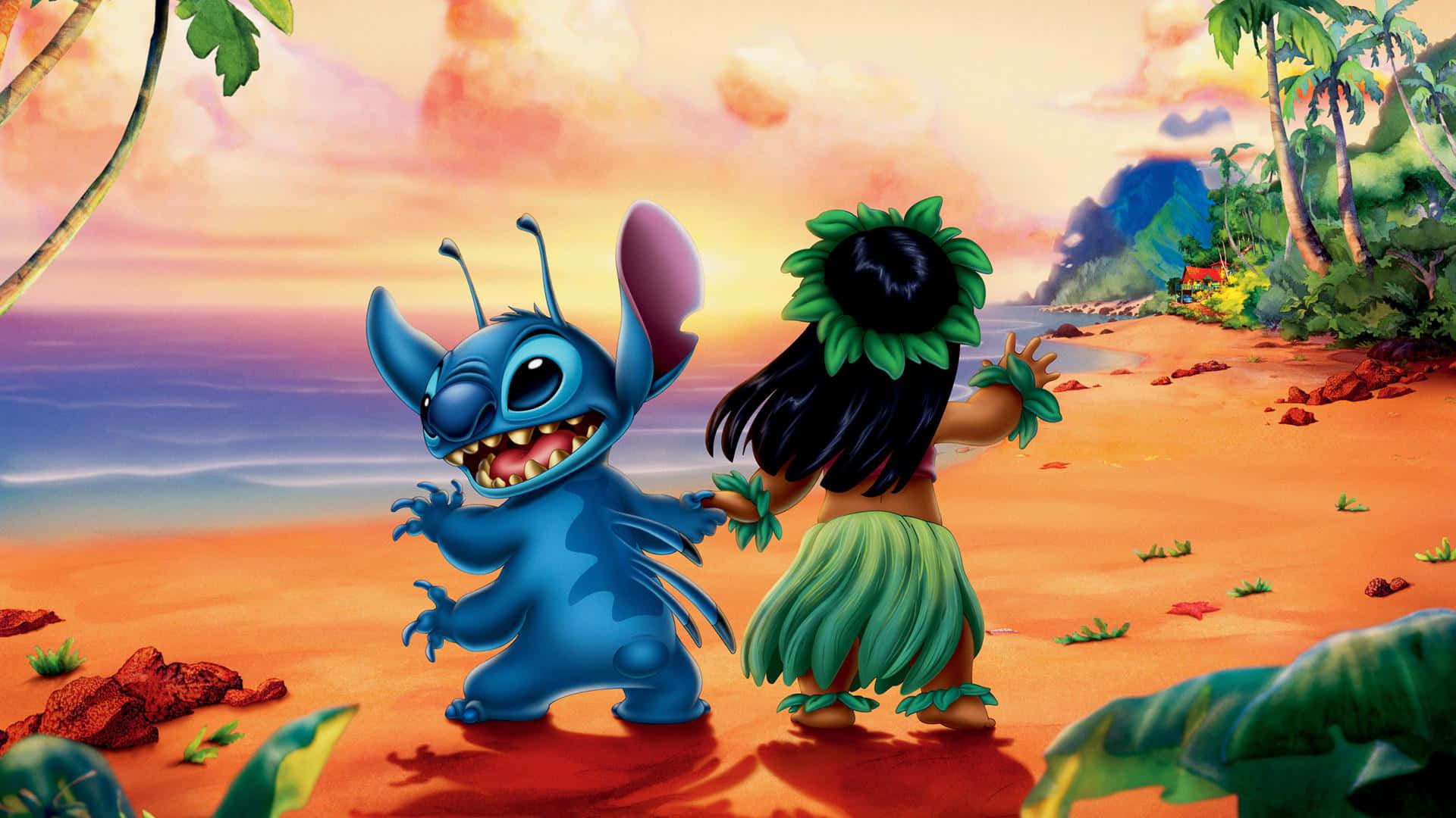 Adorable Stitch And Lilo Enjoying The Beach Background