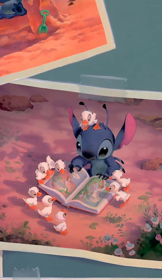 Adorable Stitch Reading With Duckling Background